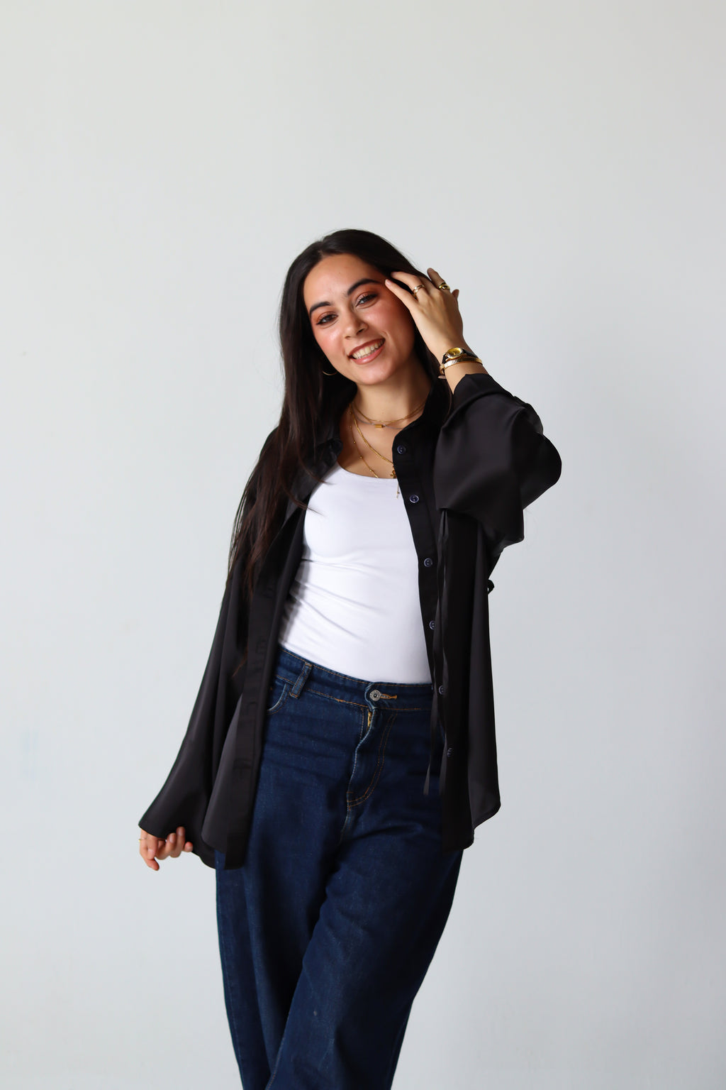 Satin Lace-up Shirt in Black
