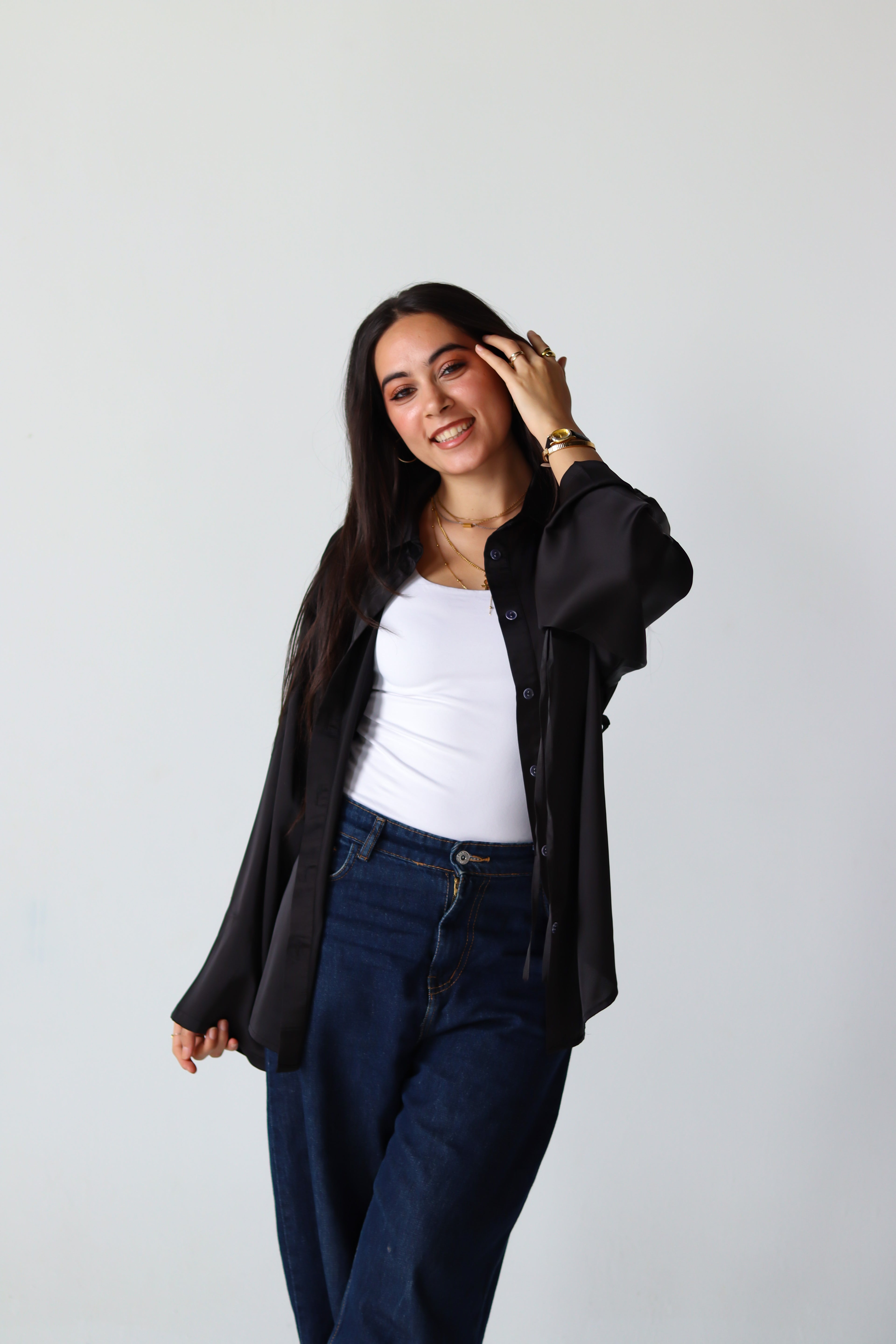 Satin Lace-up Shirt in Black