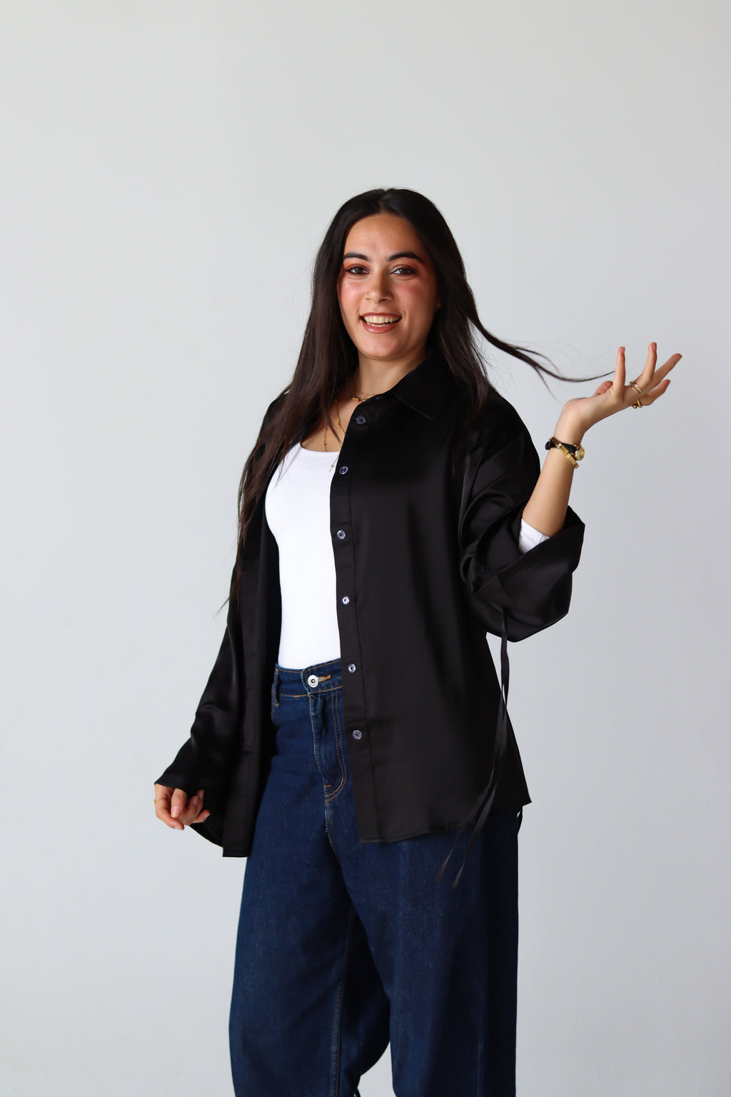 Satin Lace-up Shirt in Black