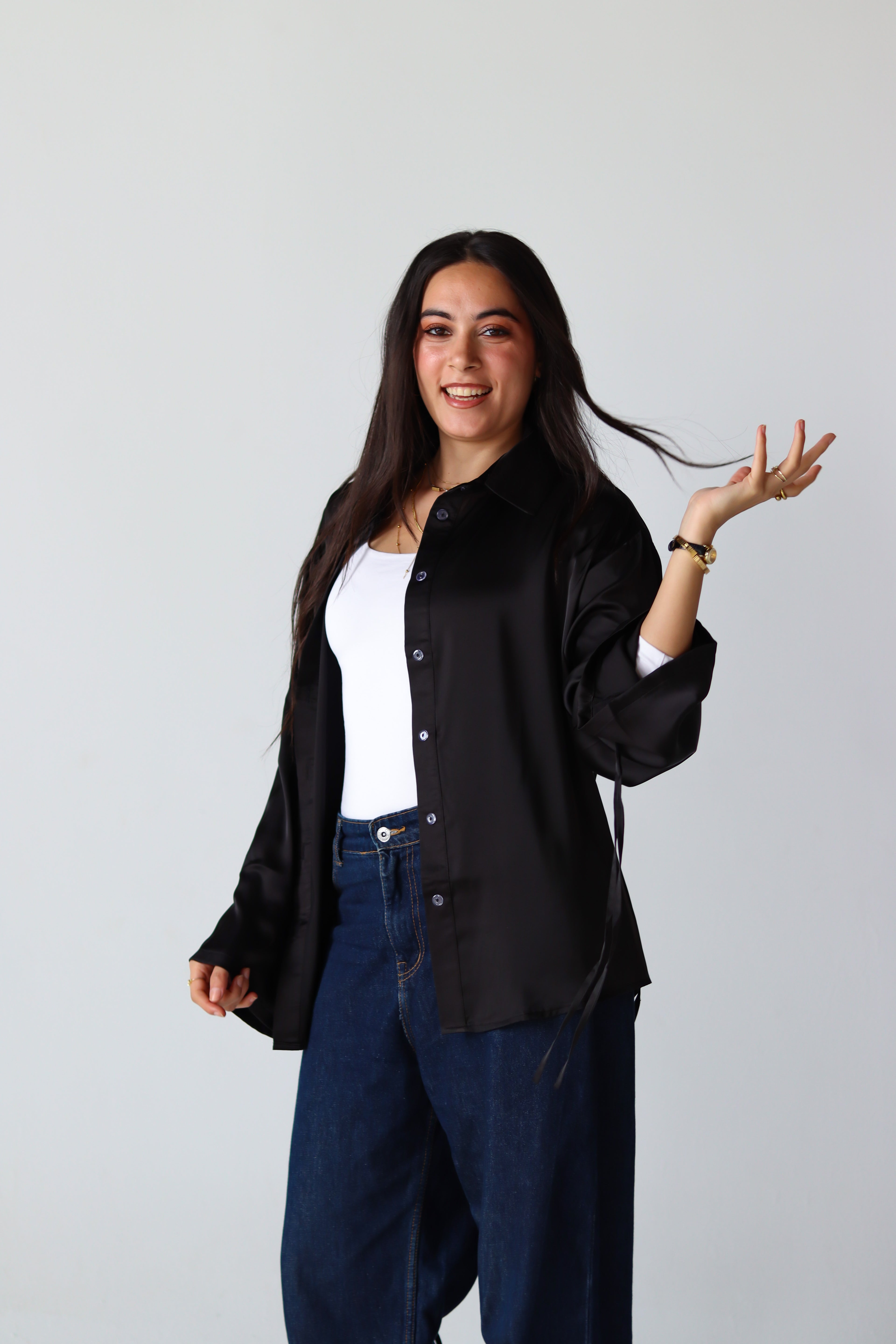 Satin Lace-up Shirt in Black