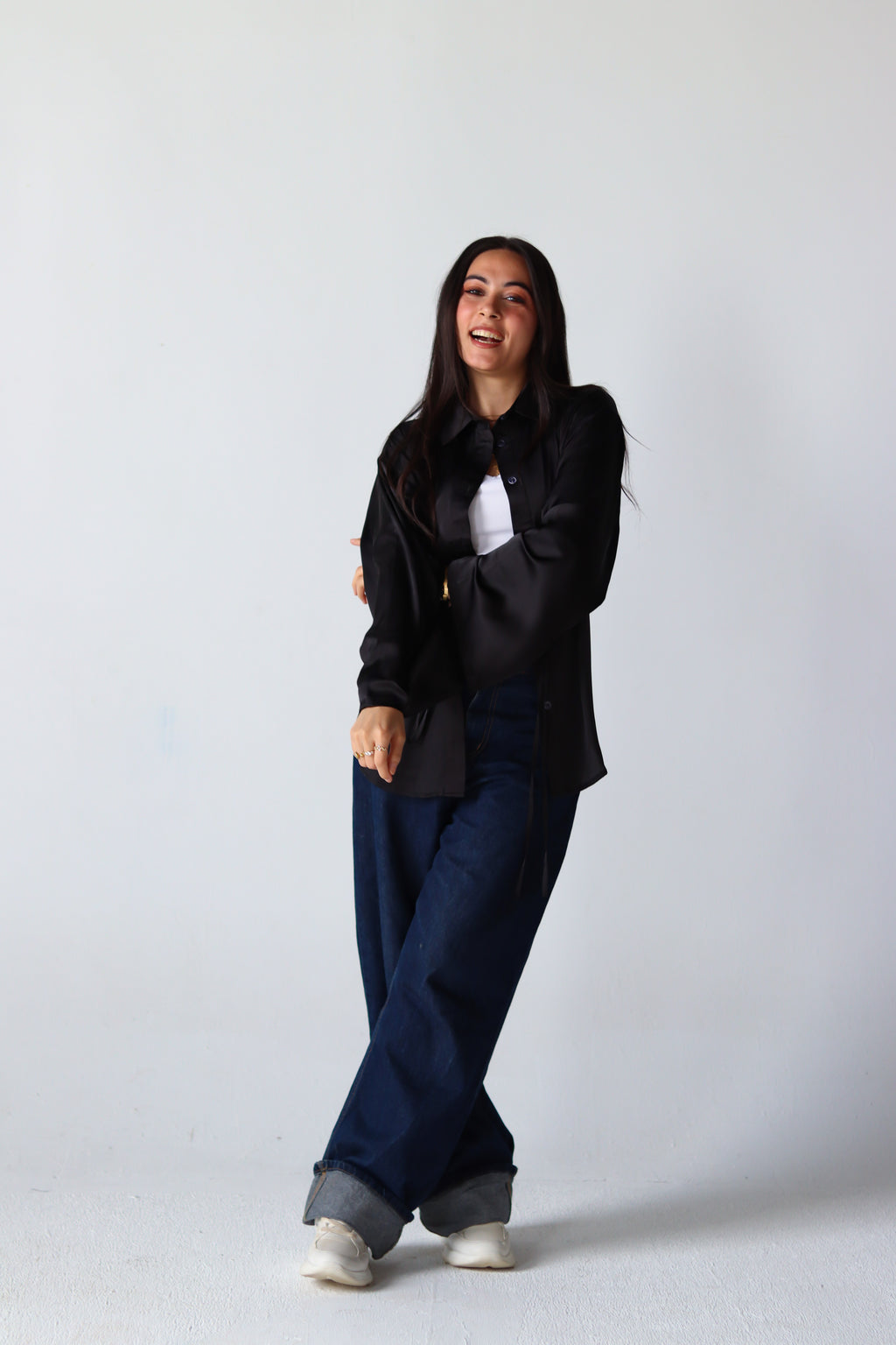 Satin Lace-up Shirt in Black