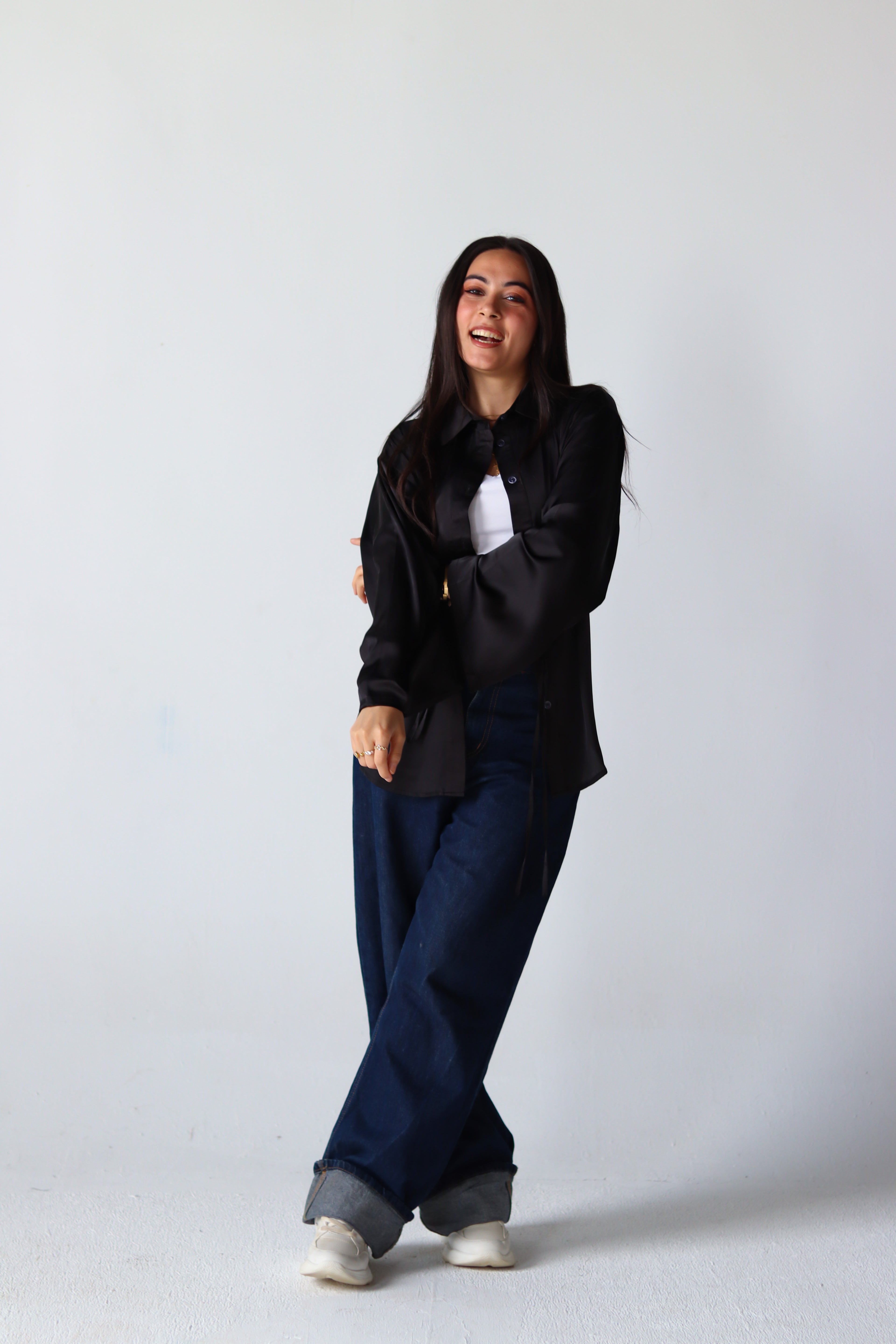 Satin Lace-up Shirt in Black