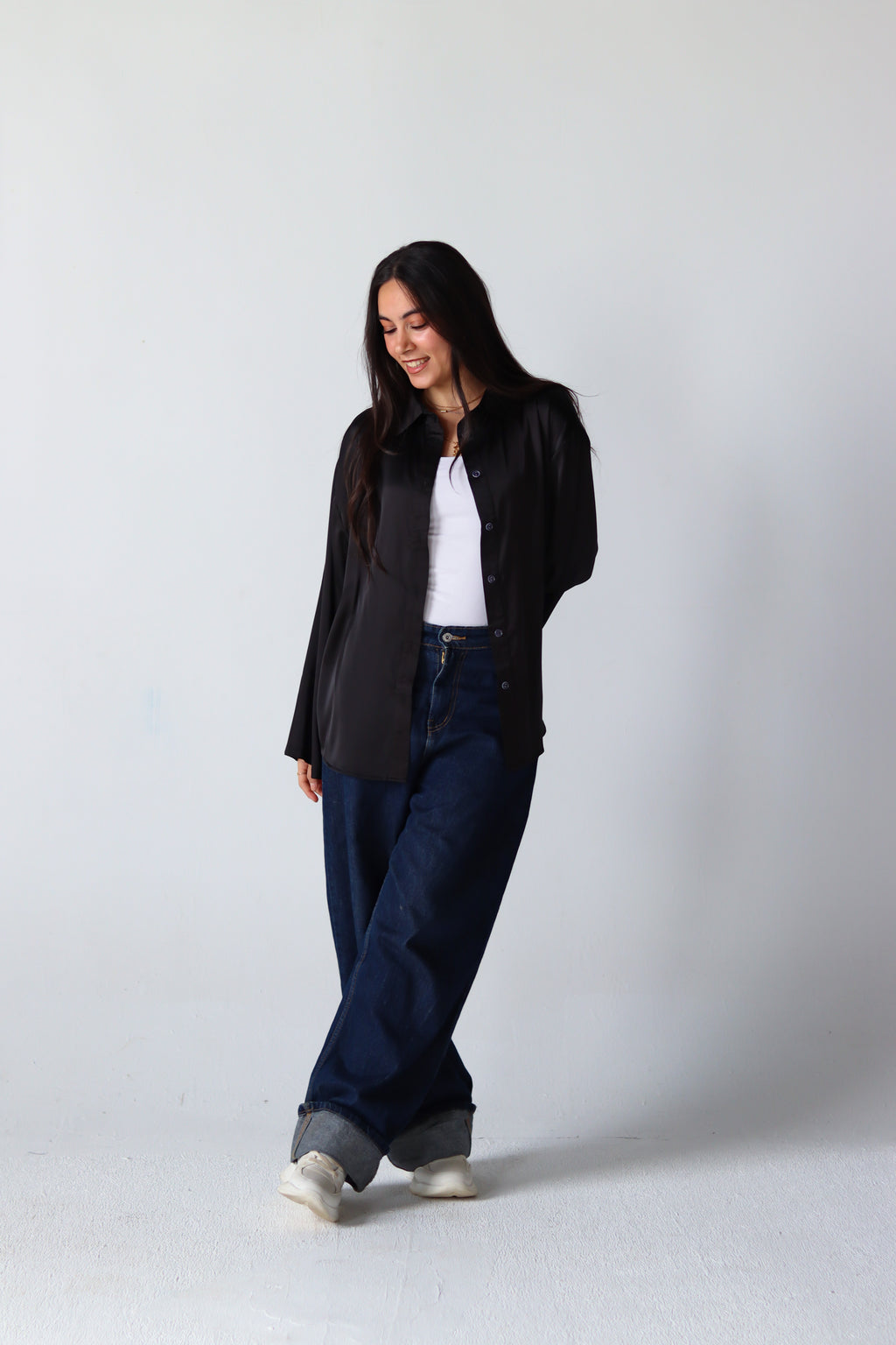 Satin Lace-up Shirt in Black