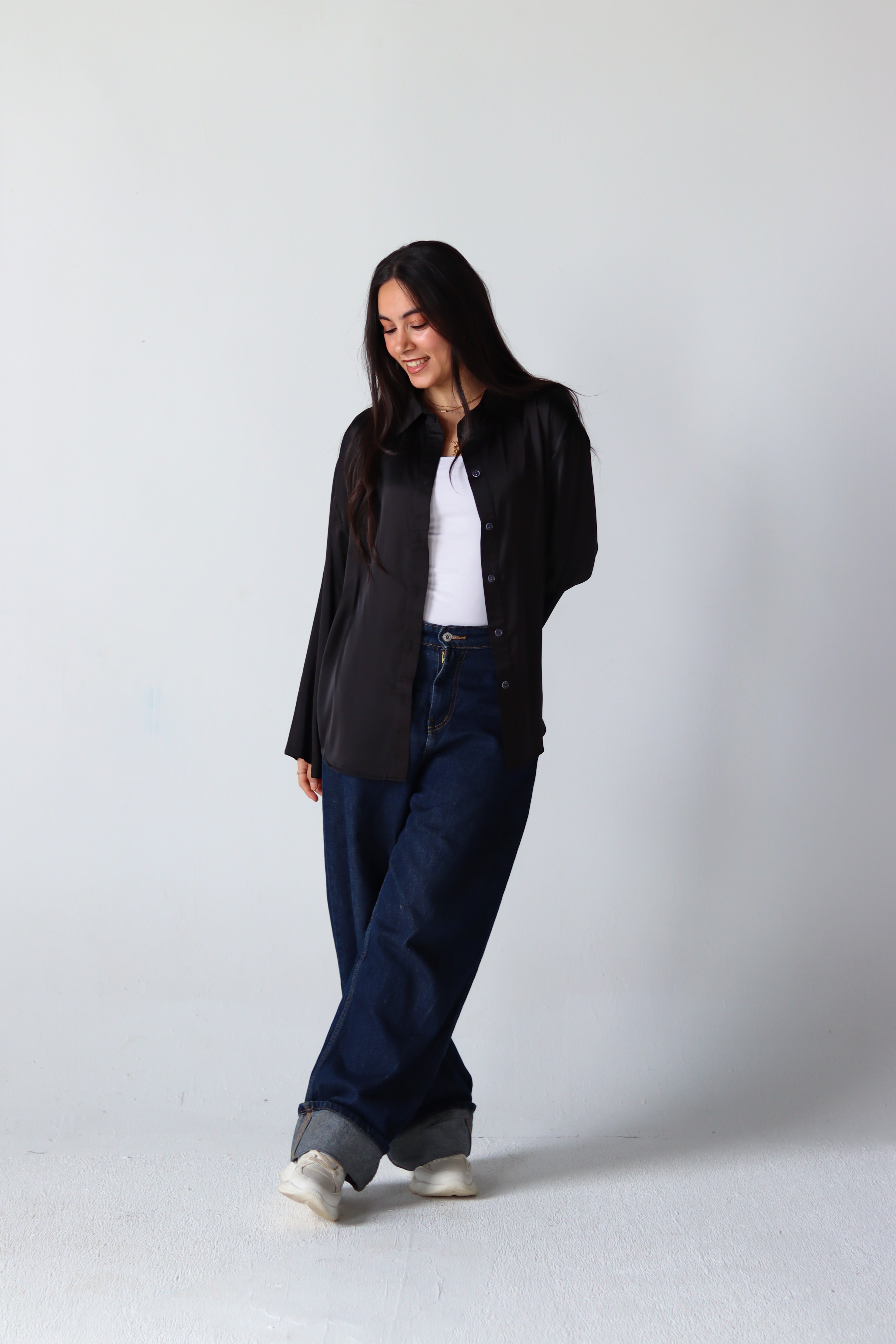 Satin Lace-up Shirt in Black
