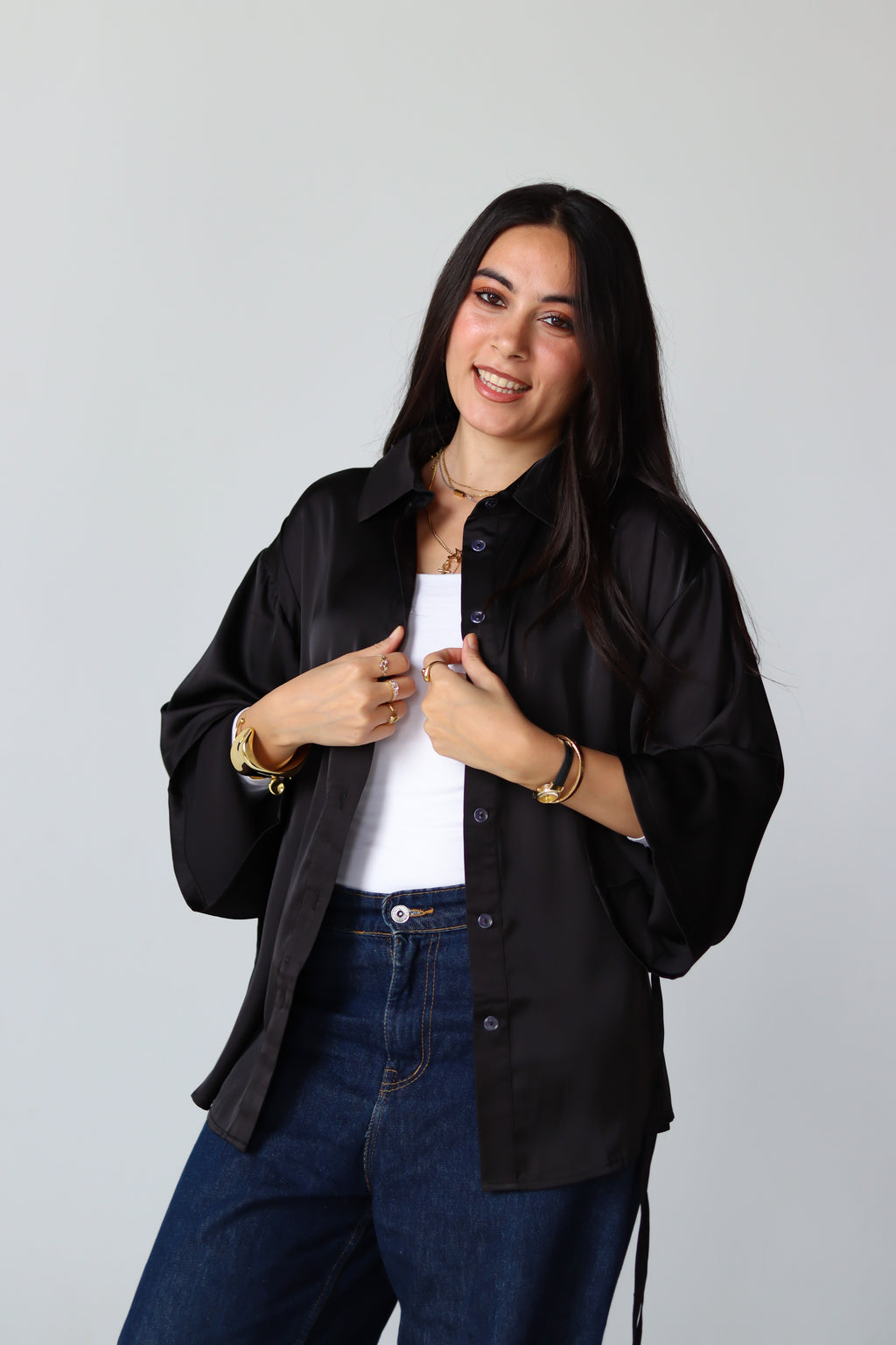 Satin Lace-up Shirt in Black