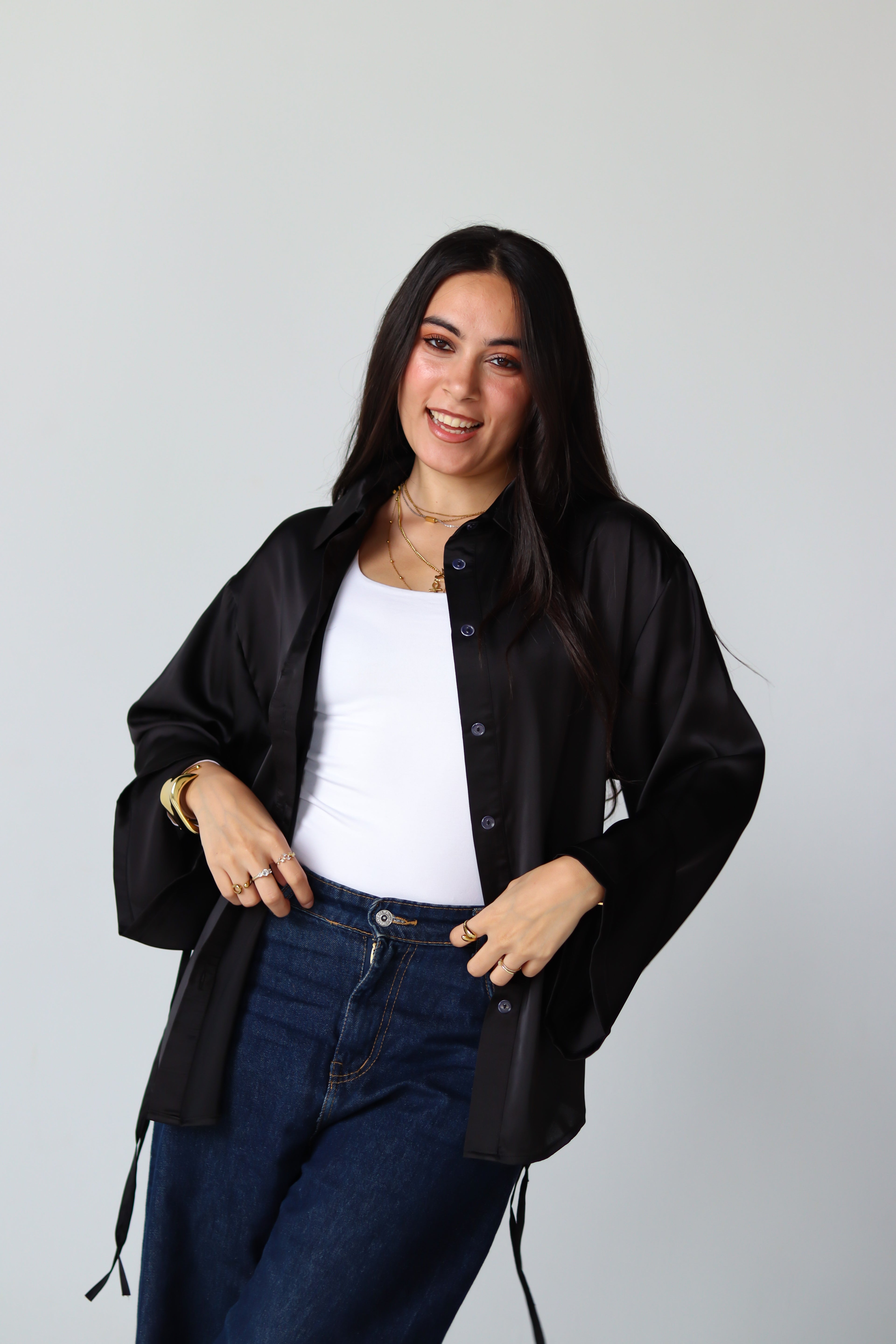 Satin Lace-up Shirt in Black