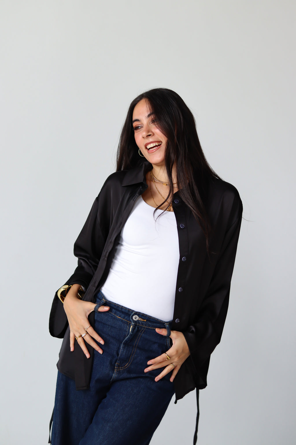 Satin Lace-up Shirt in Black
