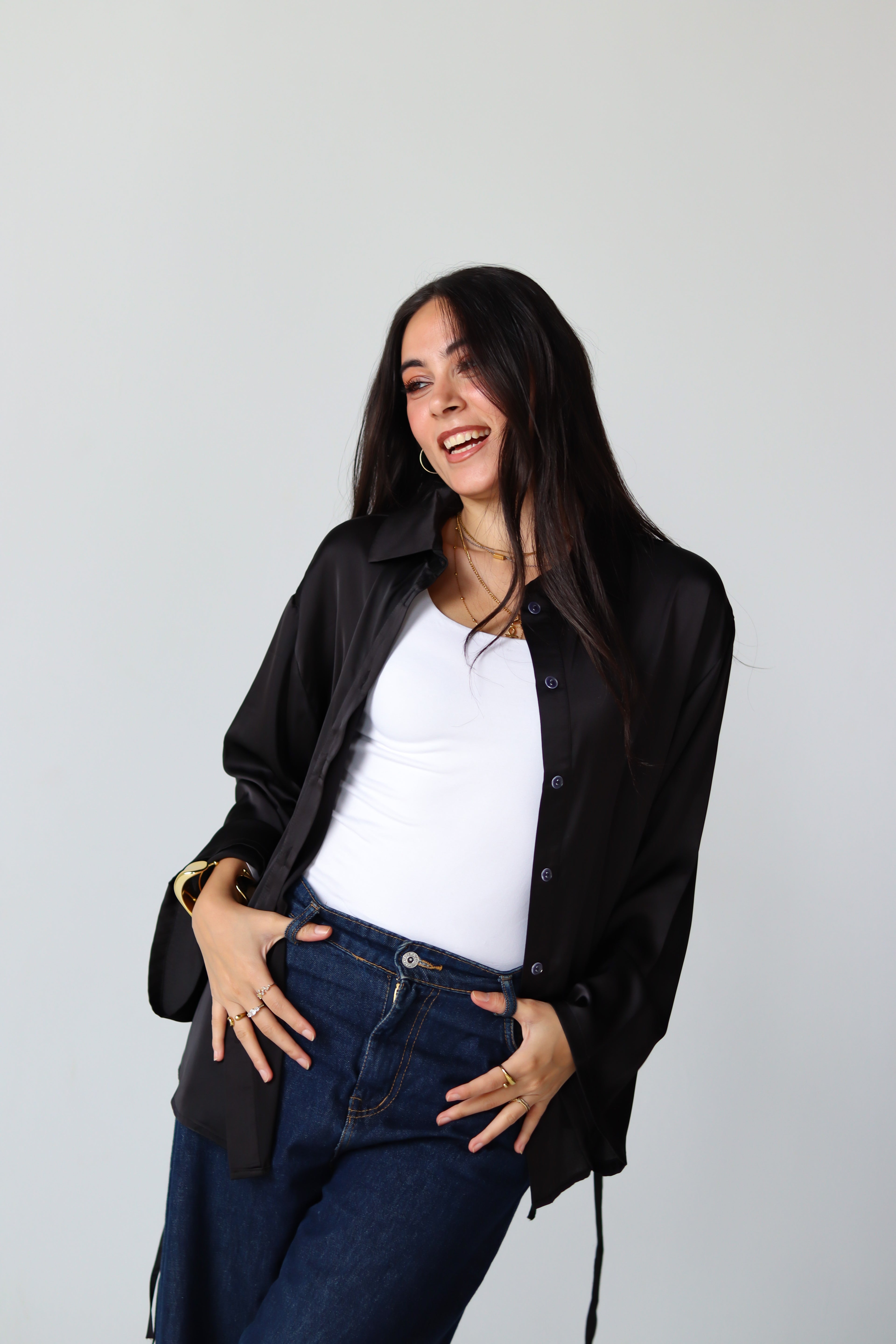 Satin Lace-up Shirt in Black