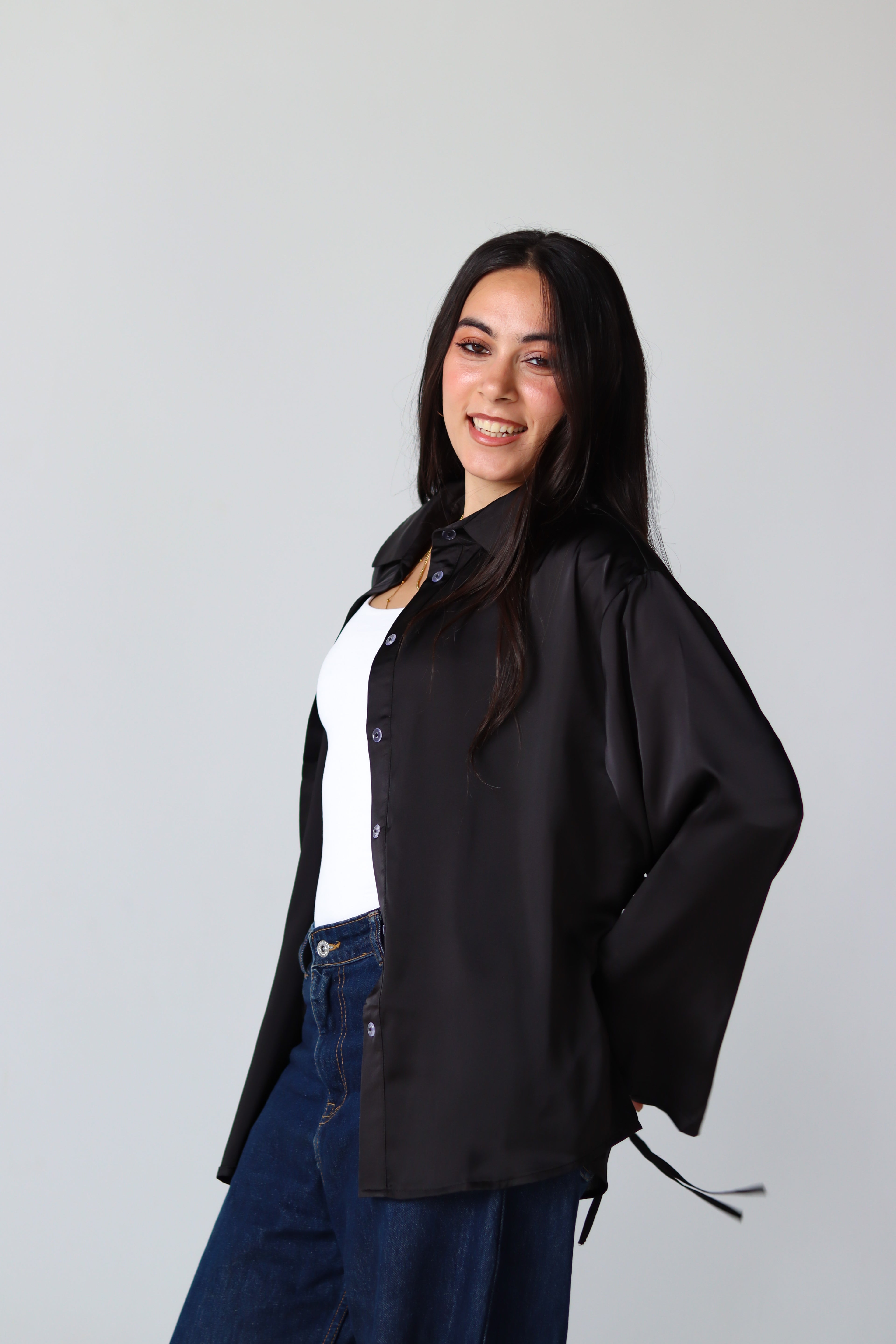 Satin Lace-up Shirt in Black