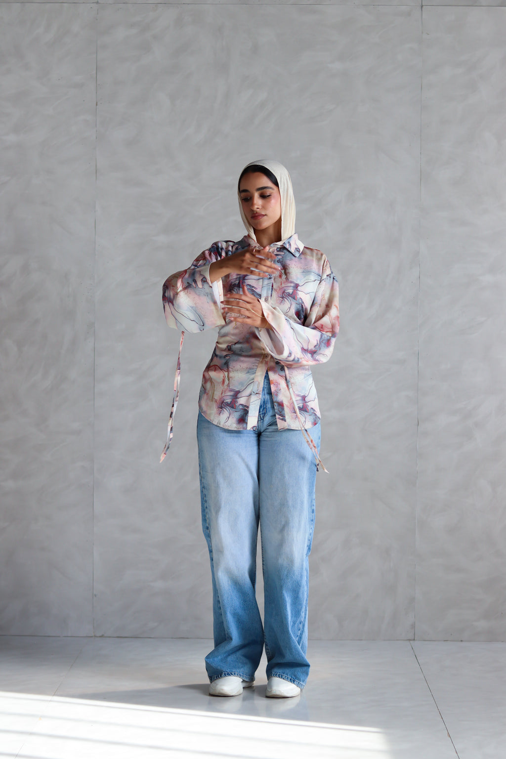 Printed Soft Lace-up Shirt in Marble