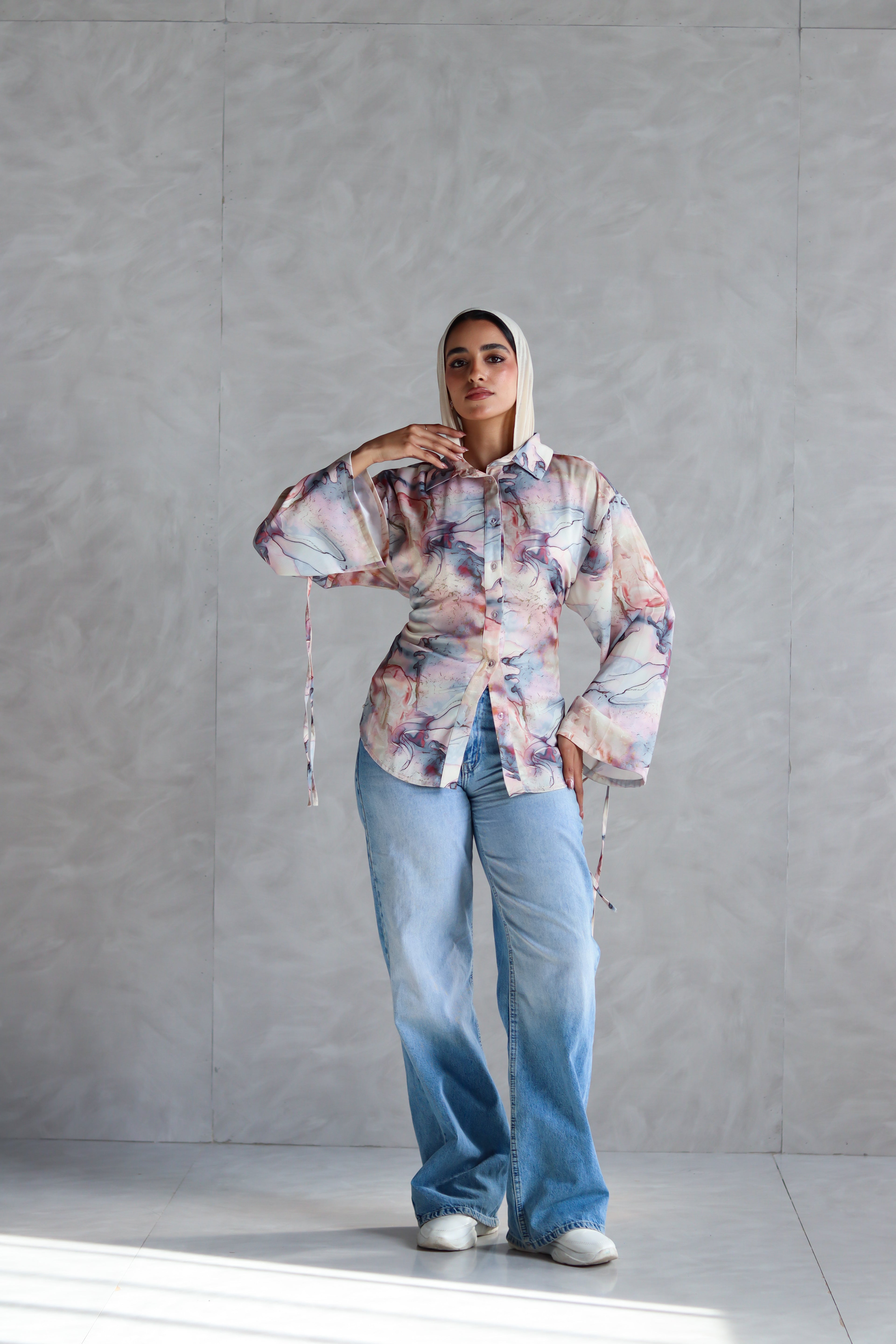 Printed Soft Lace-up Shirt in Marble
