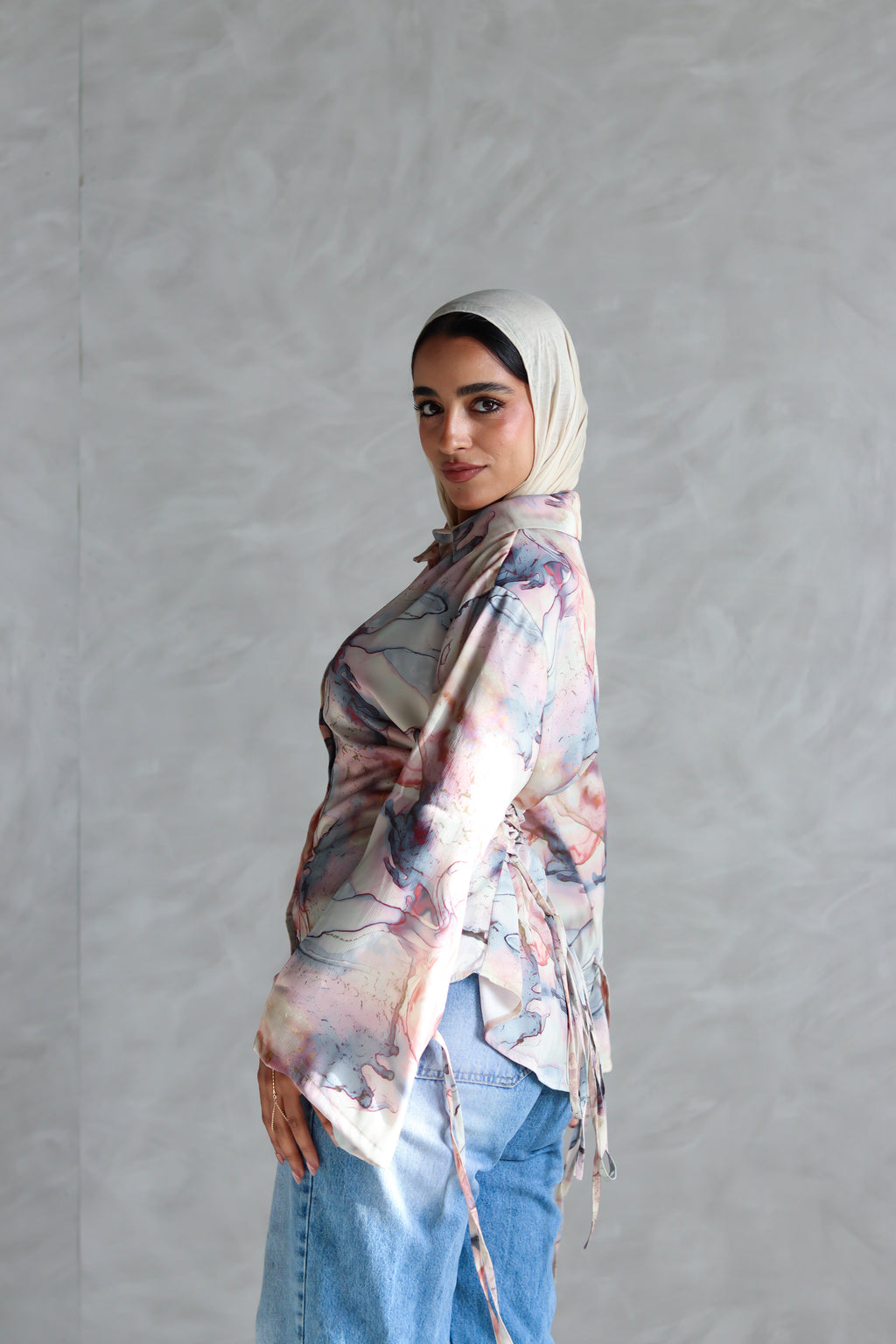 Printed Soft Lace-up Shirt in Marble