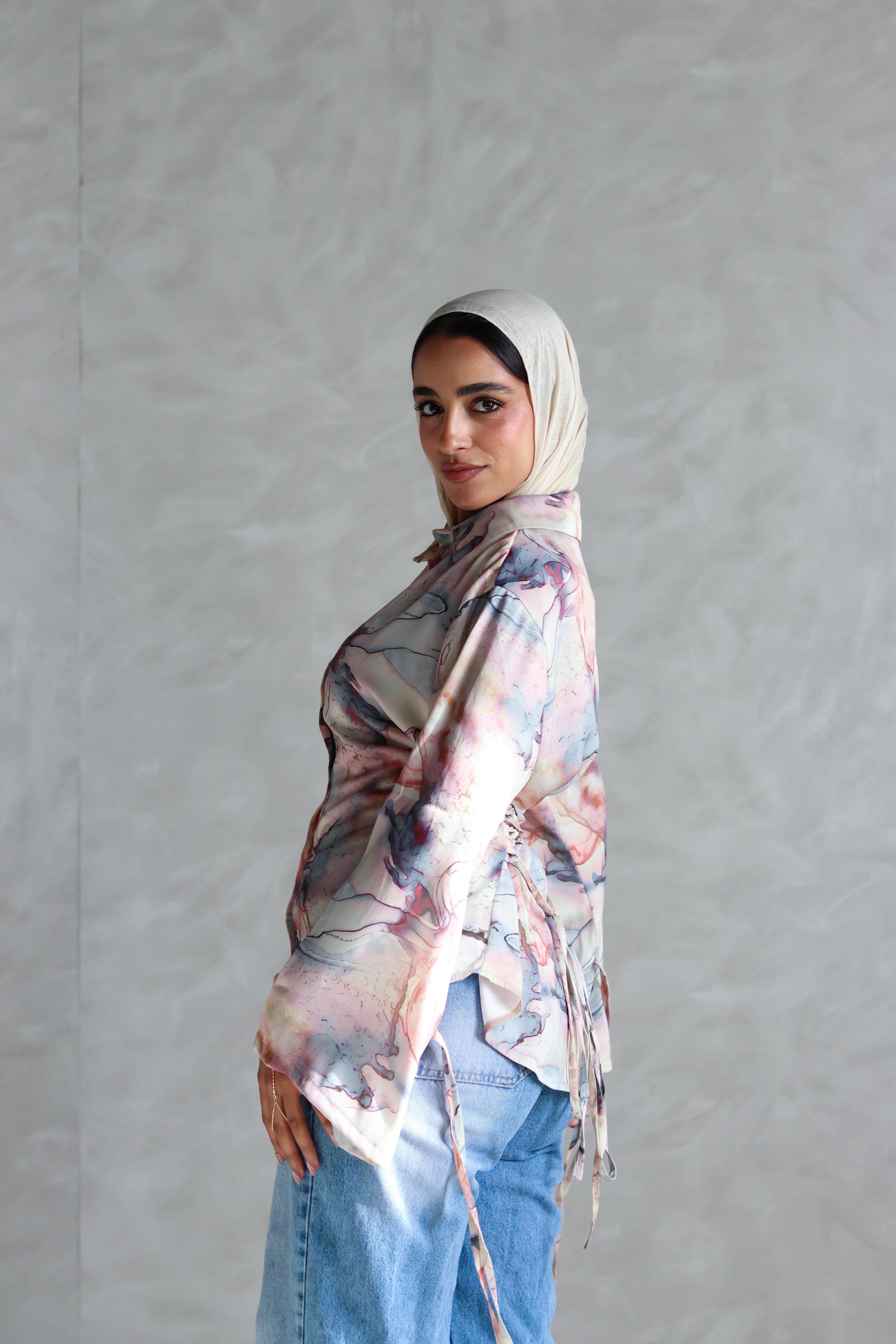 Printed Soft Lace-up Shirt in Marble