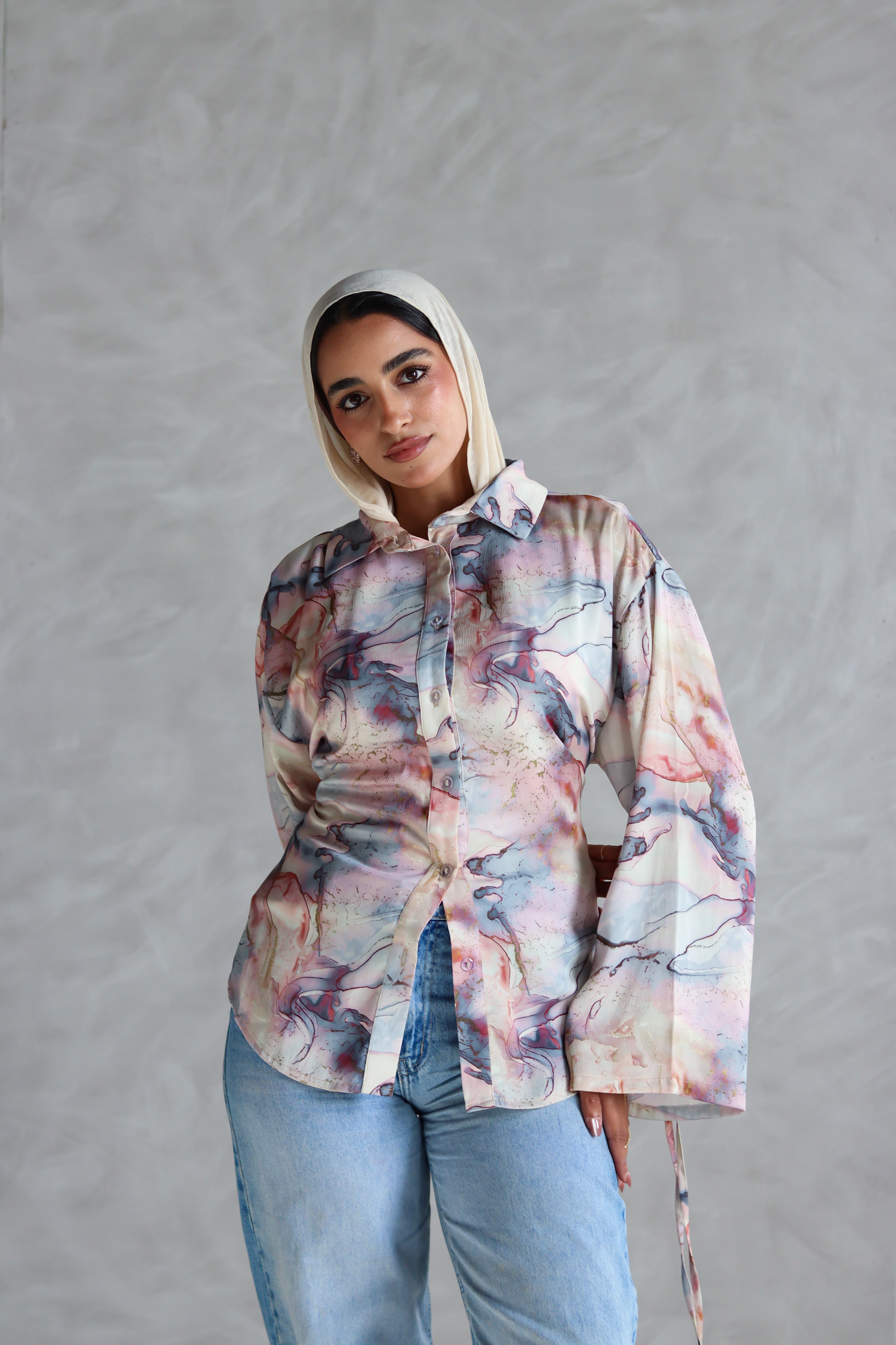 Printed Soft Lace-up Shirt in Marble