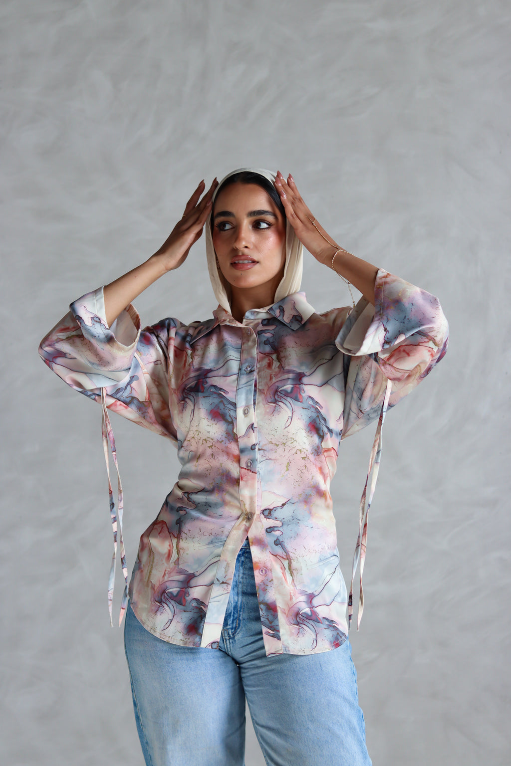 Printed Soft Lace-up Shirt in Marble