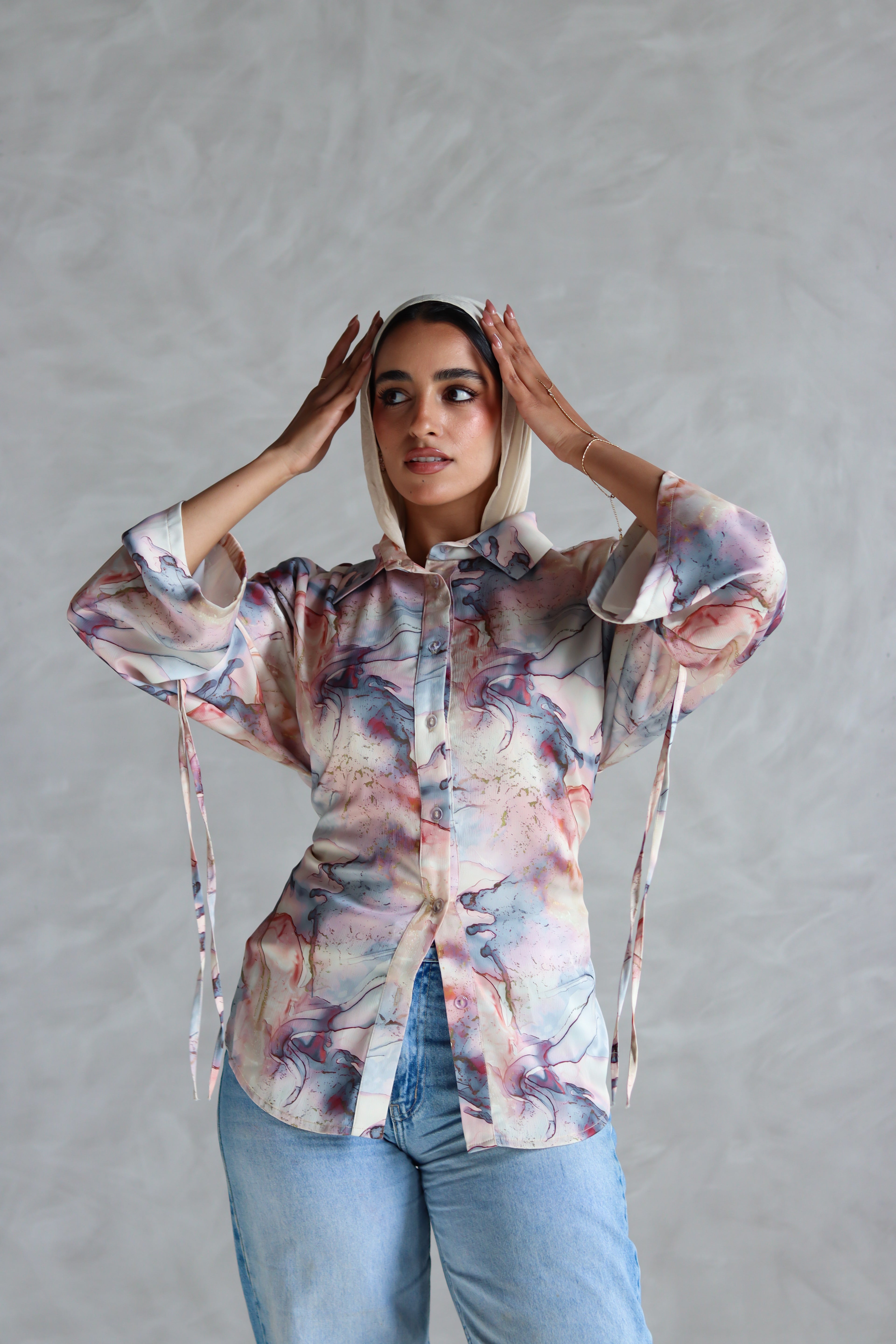 Printed Soft Lace-up Shirt in Marble