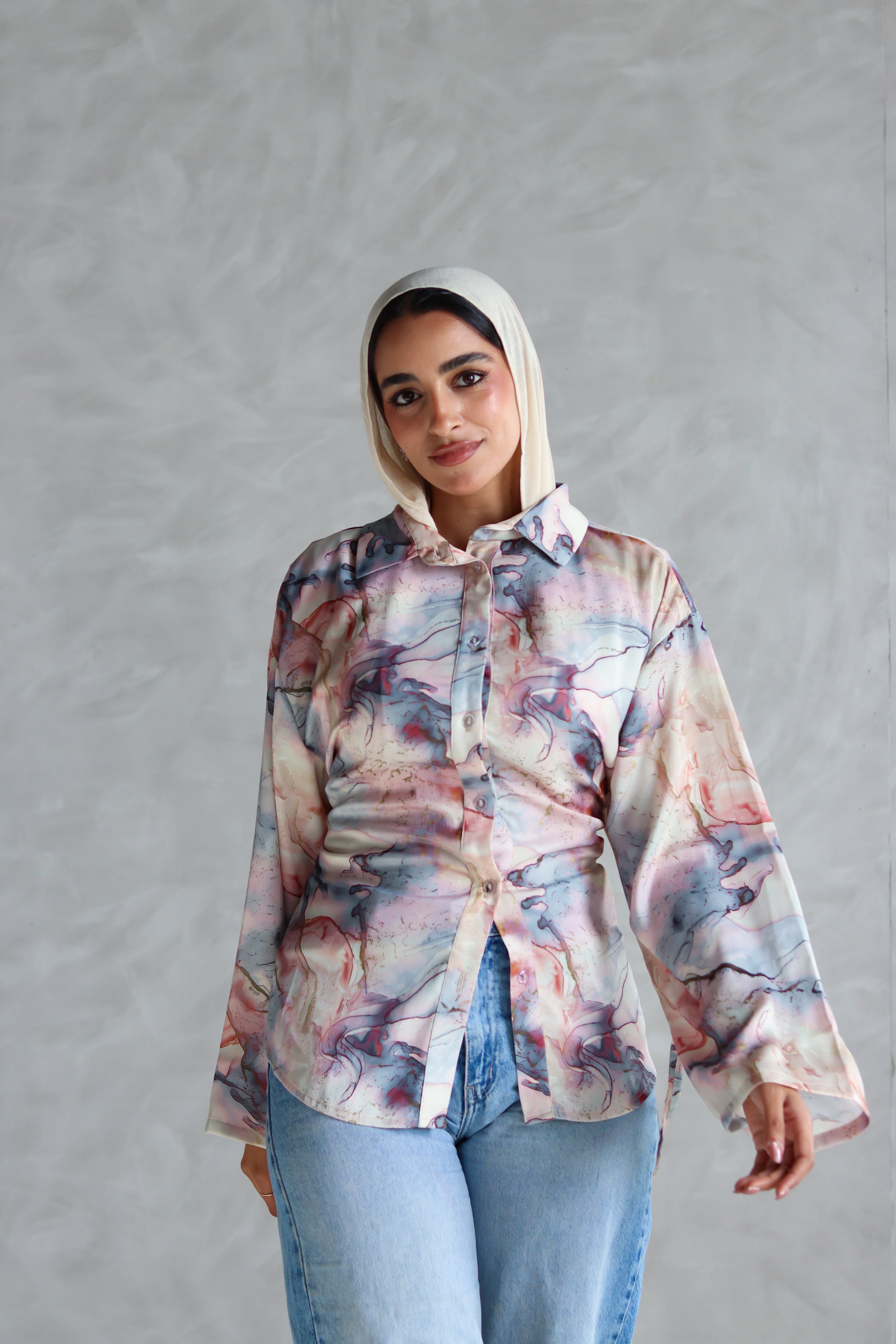 Printed Soft Lace-up Shirt in Marble