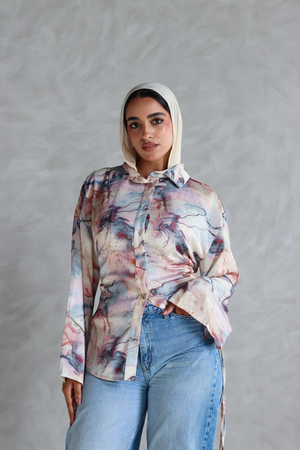 Printed Soft Lace-up Shirt in Marble