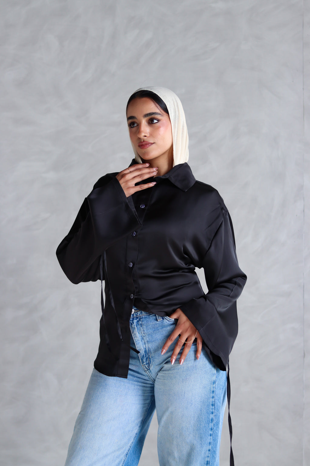 Satin Lace-up Shirt in Black