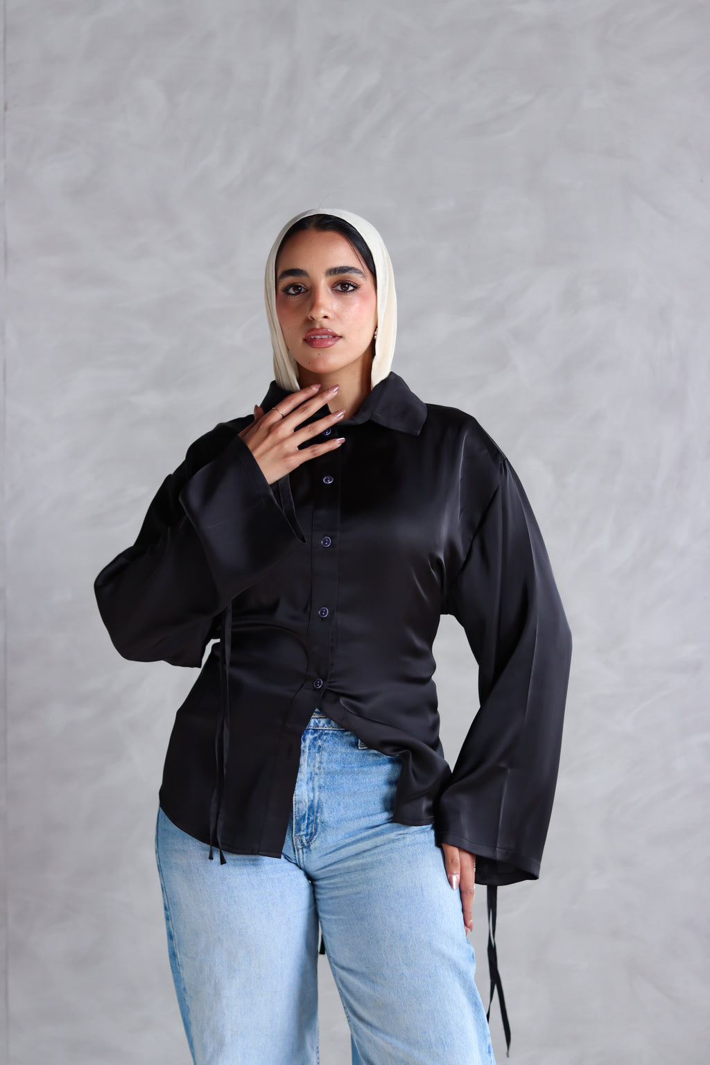 Satin Lace-up Shirt in Black