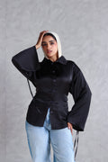 Satin Lace-up Shirt in Black