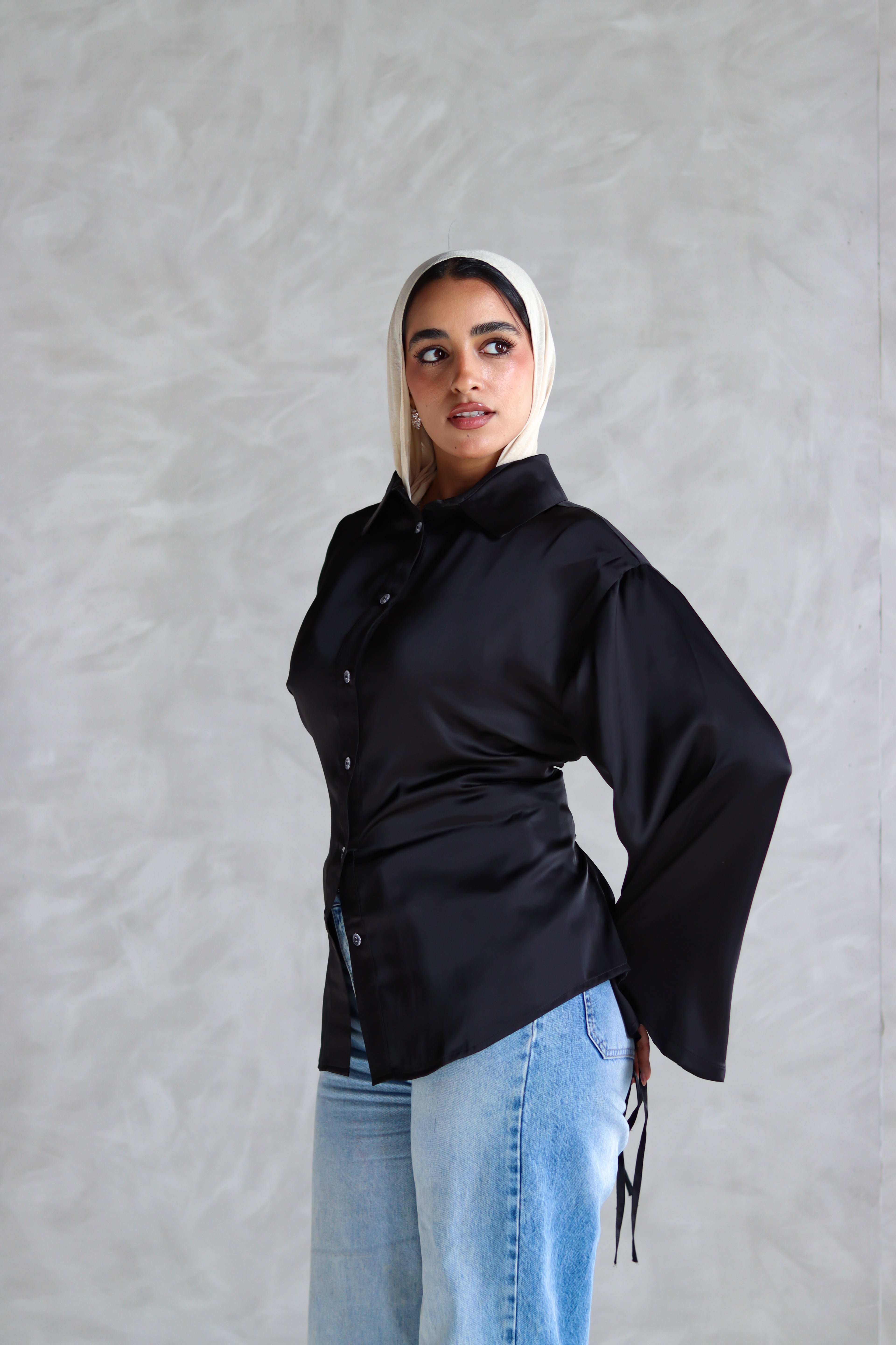 Satin Lace-up Shirt in Black