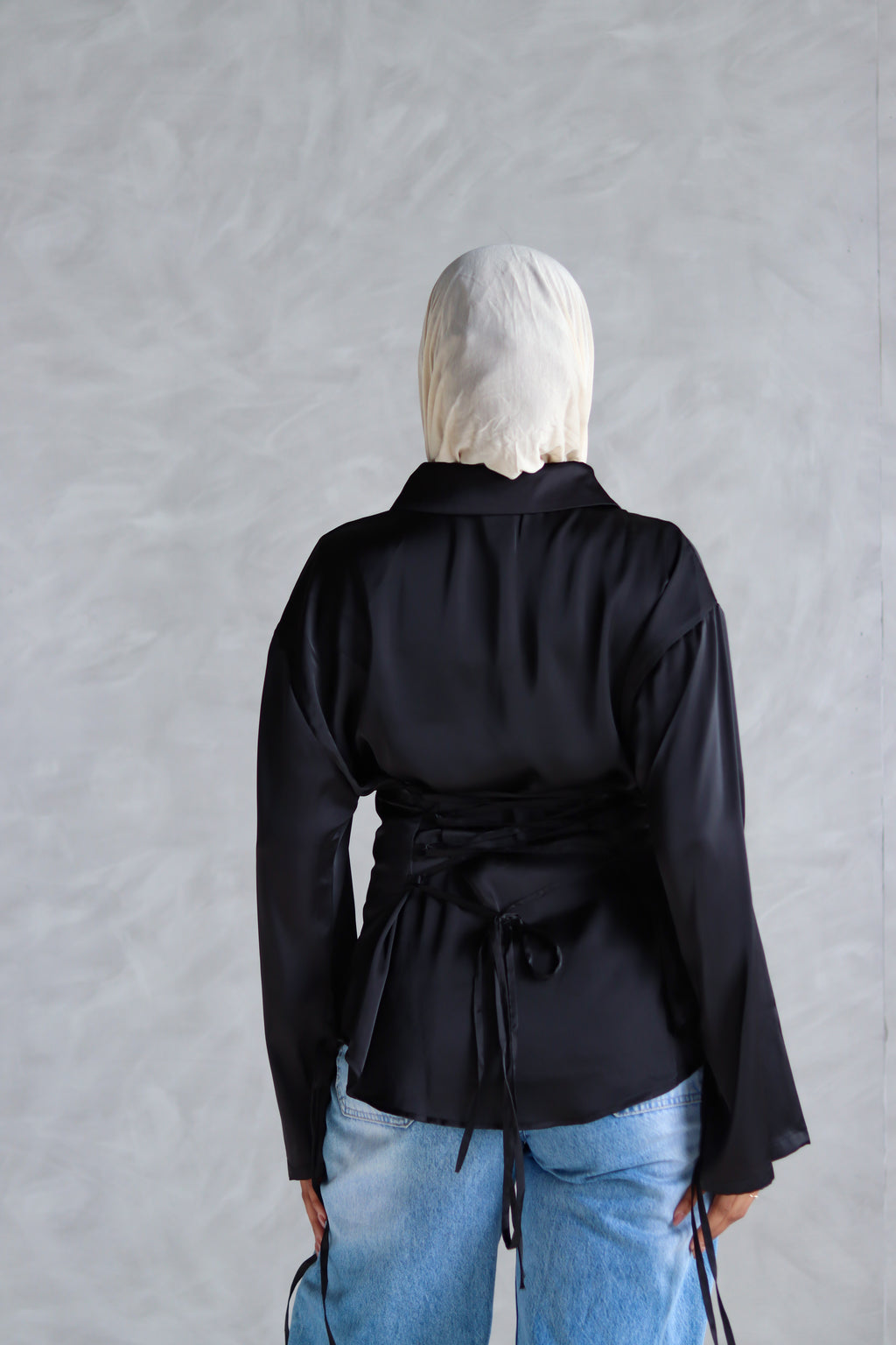 Satin Lace-up Shirt in Black