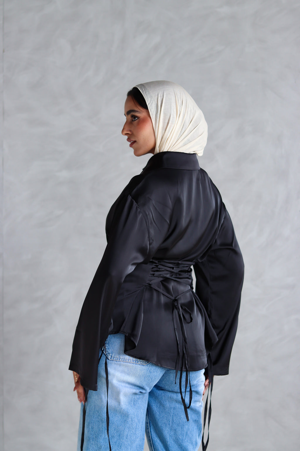 Satin Lace-up Shirt in Black