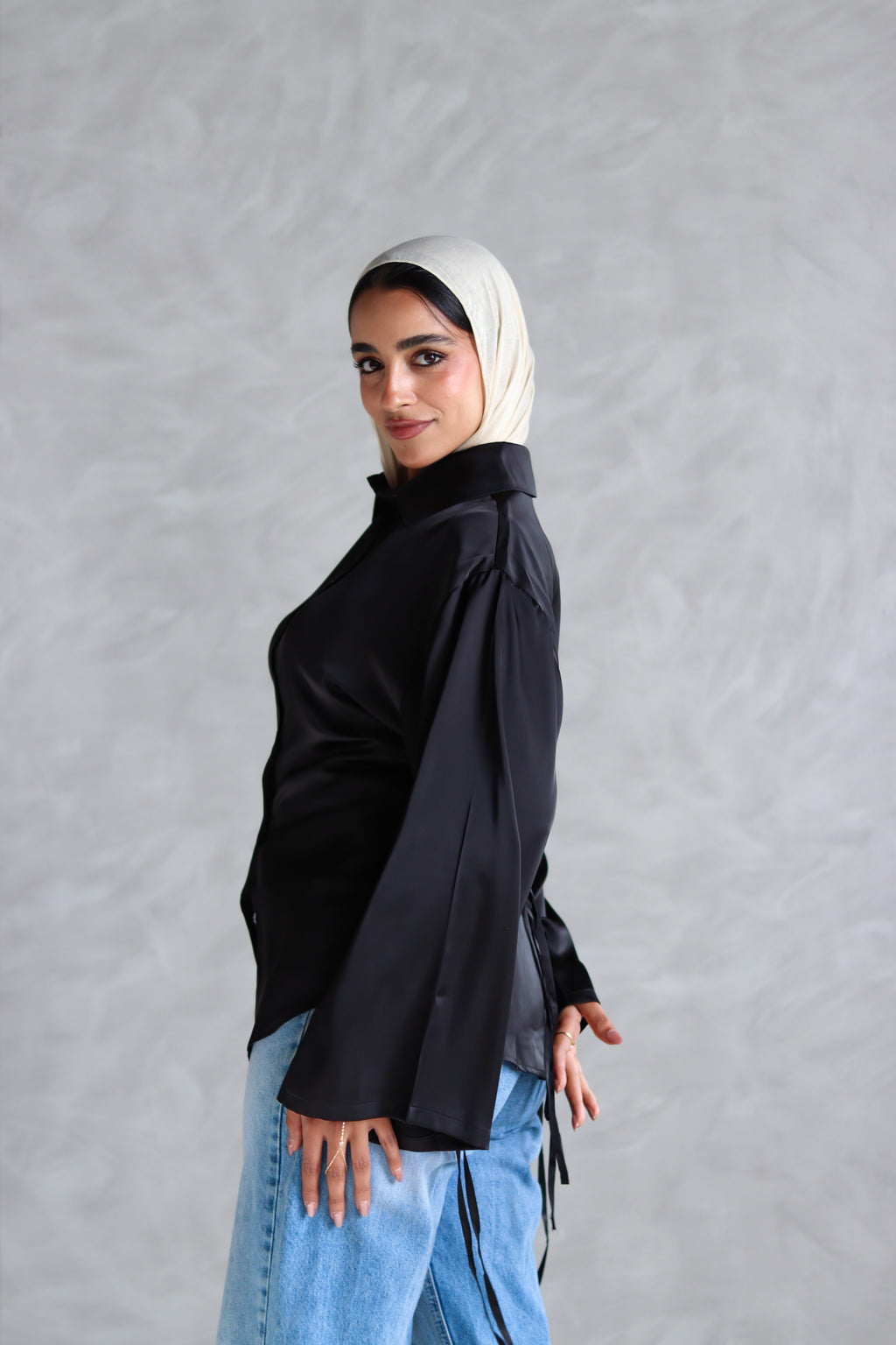Satin Lace-up Shirt in Black
