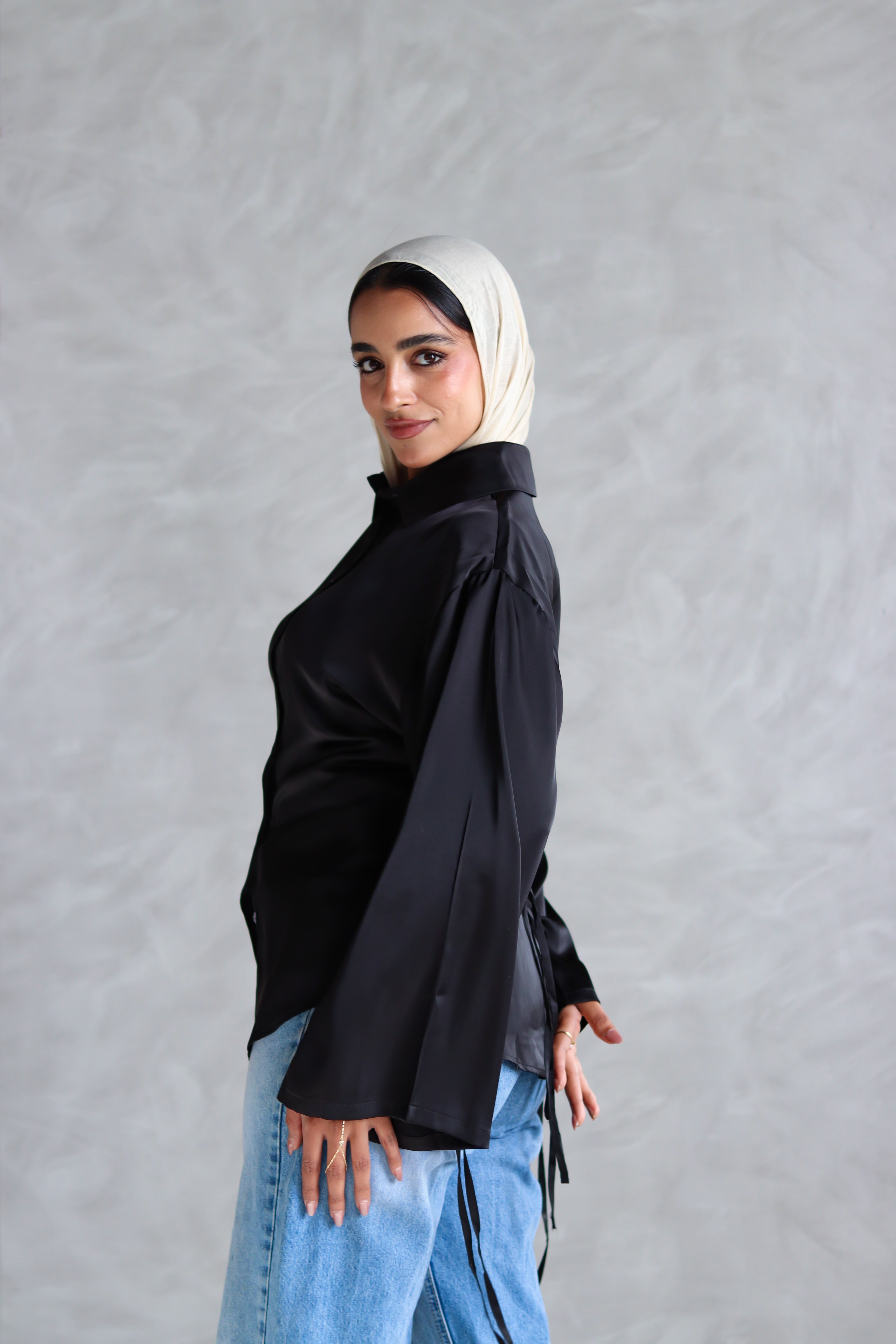 Satin Lace-up Shirt in Black