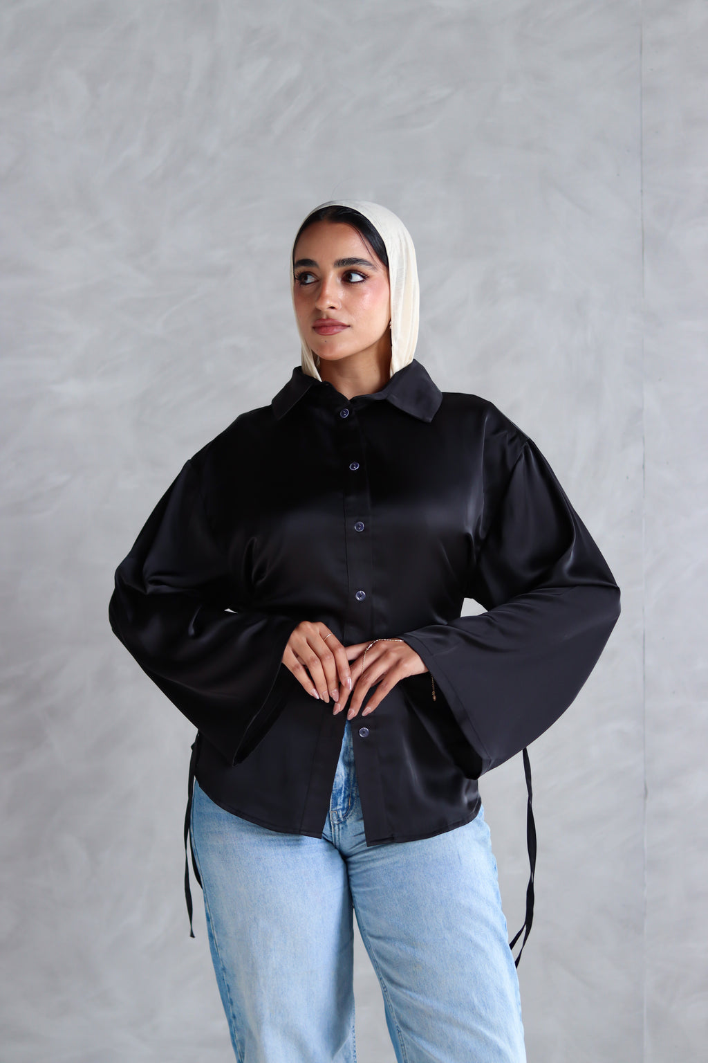 Satin Lace-up Shirt in Black
