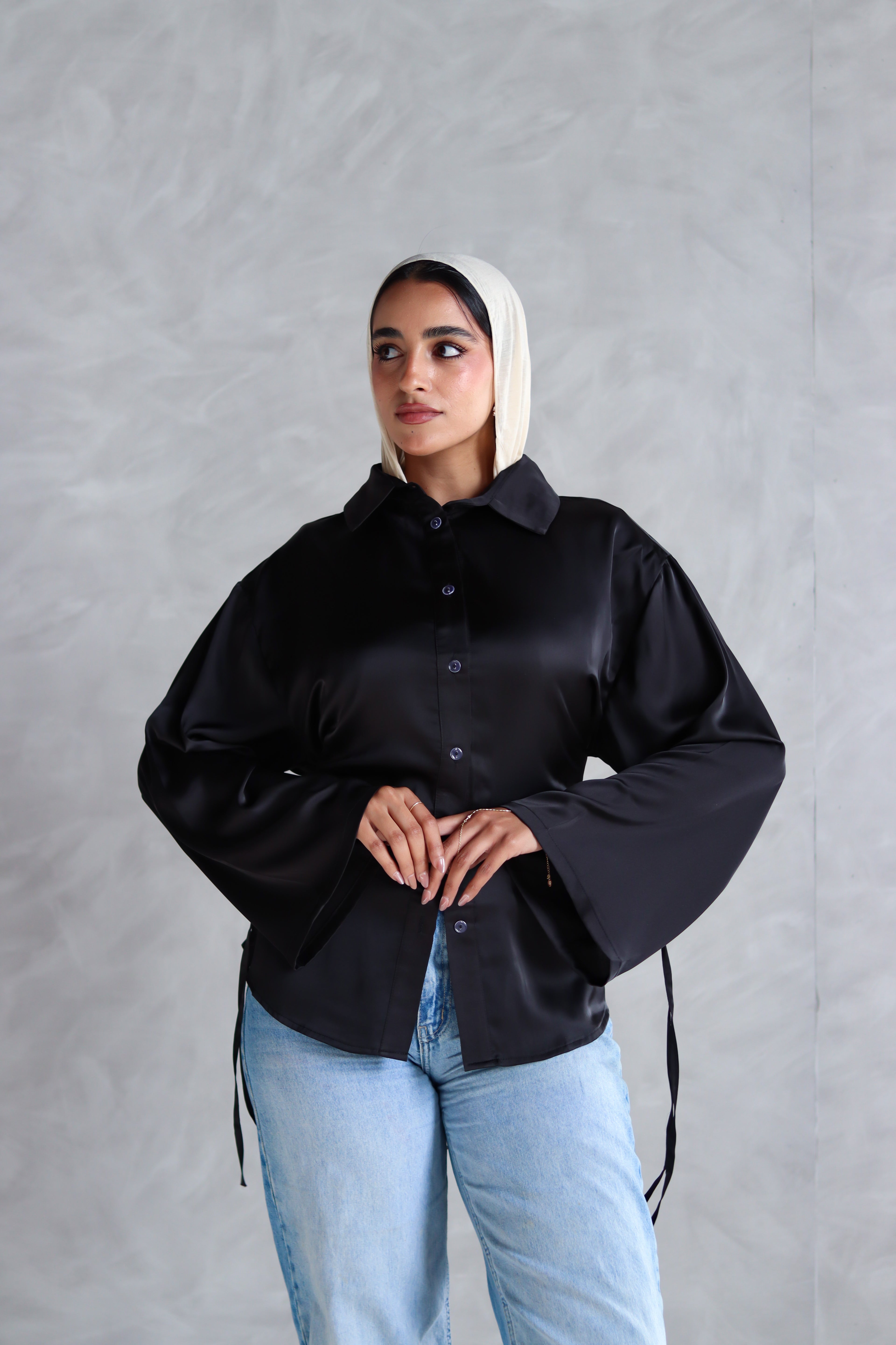 Satin Lace-up Shirt in Black
