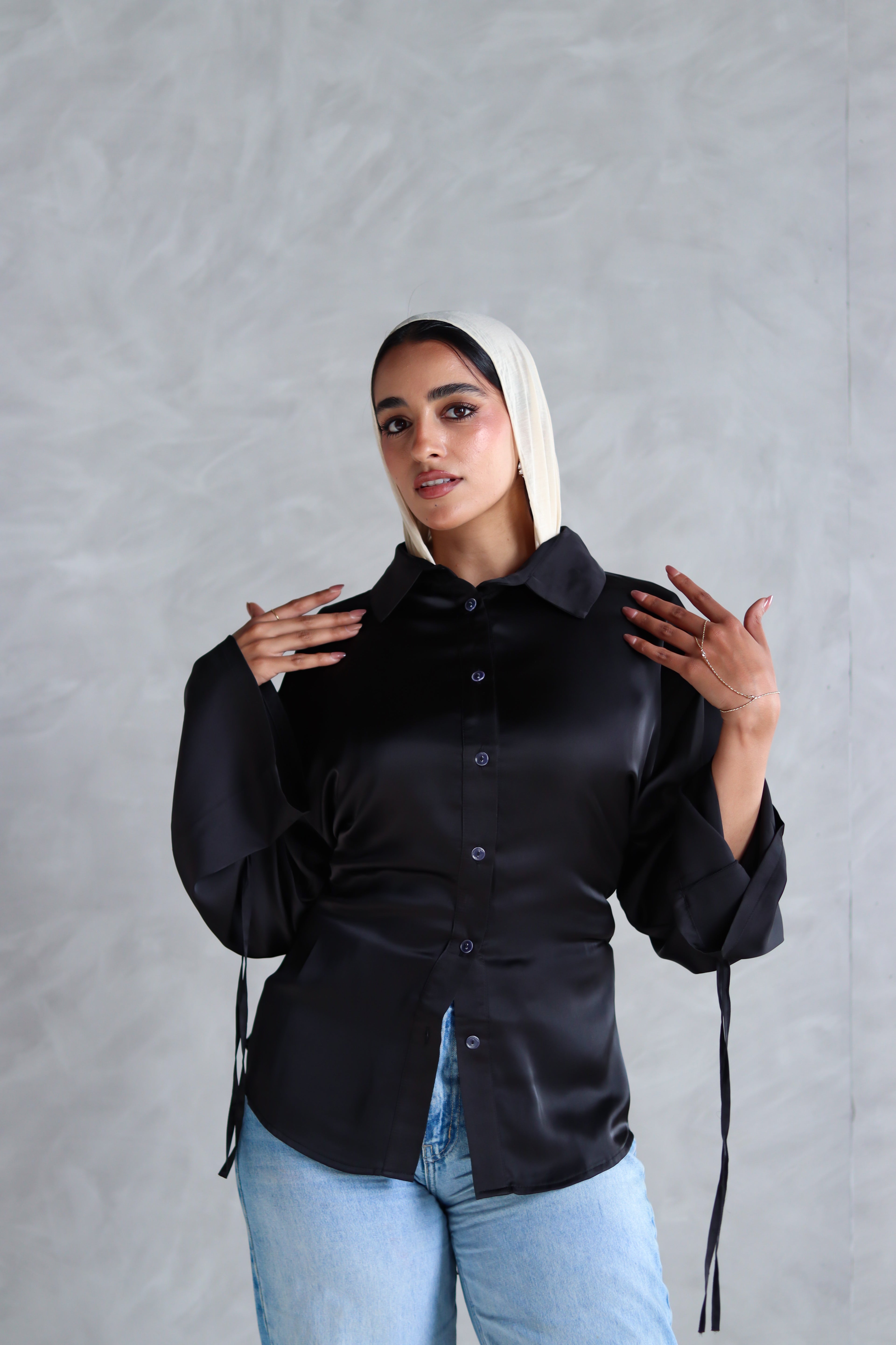 Satin Lace-up Shirt in Black