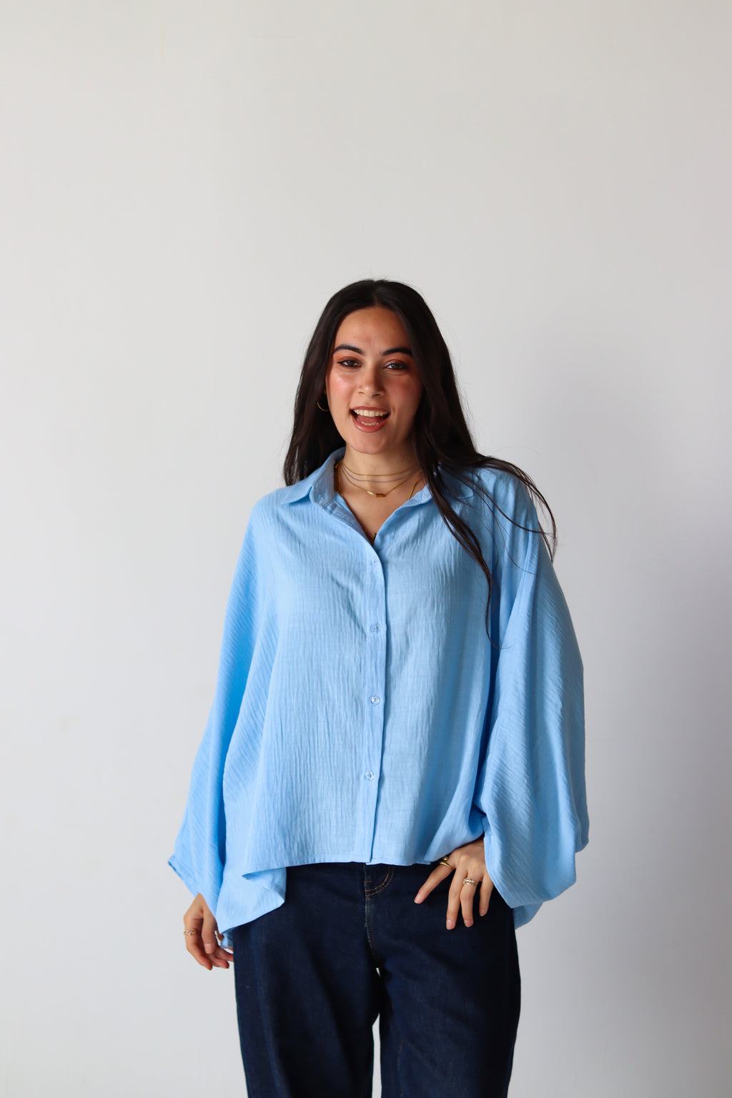 Linen Oversized Wide Sleeves Shirt in Light Blue