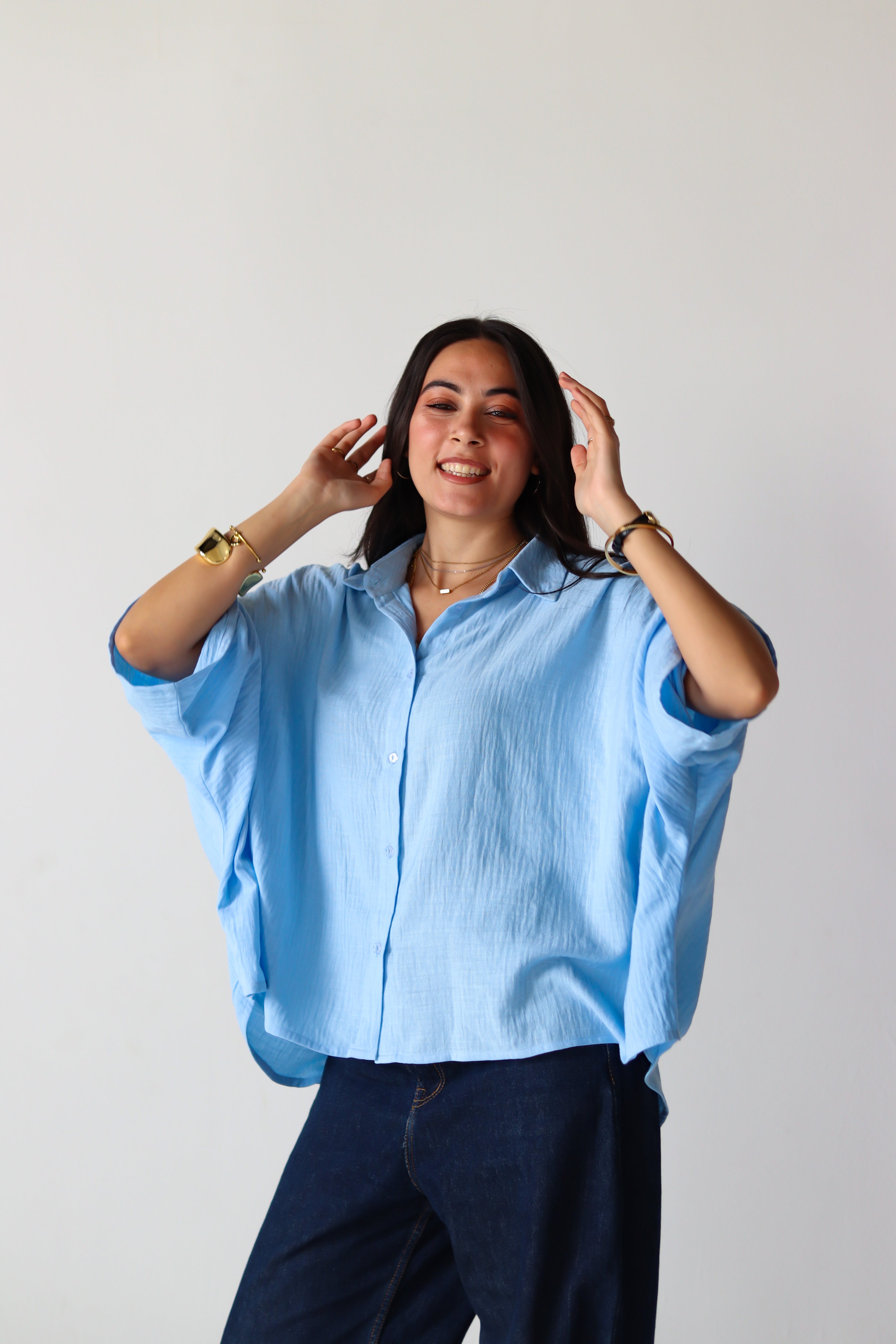 Linen Oversized Wide Sleeves Shirt in Light Blue
