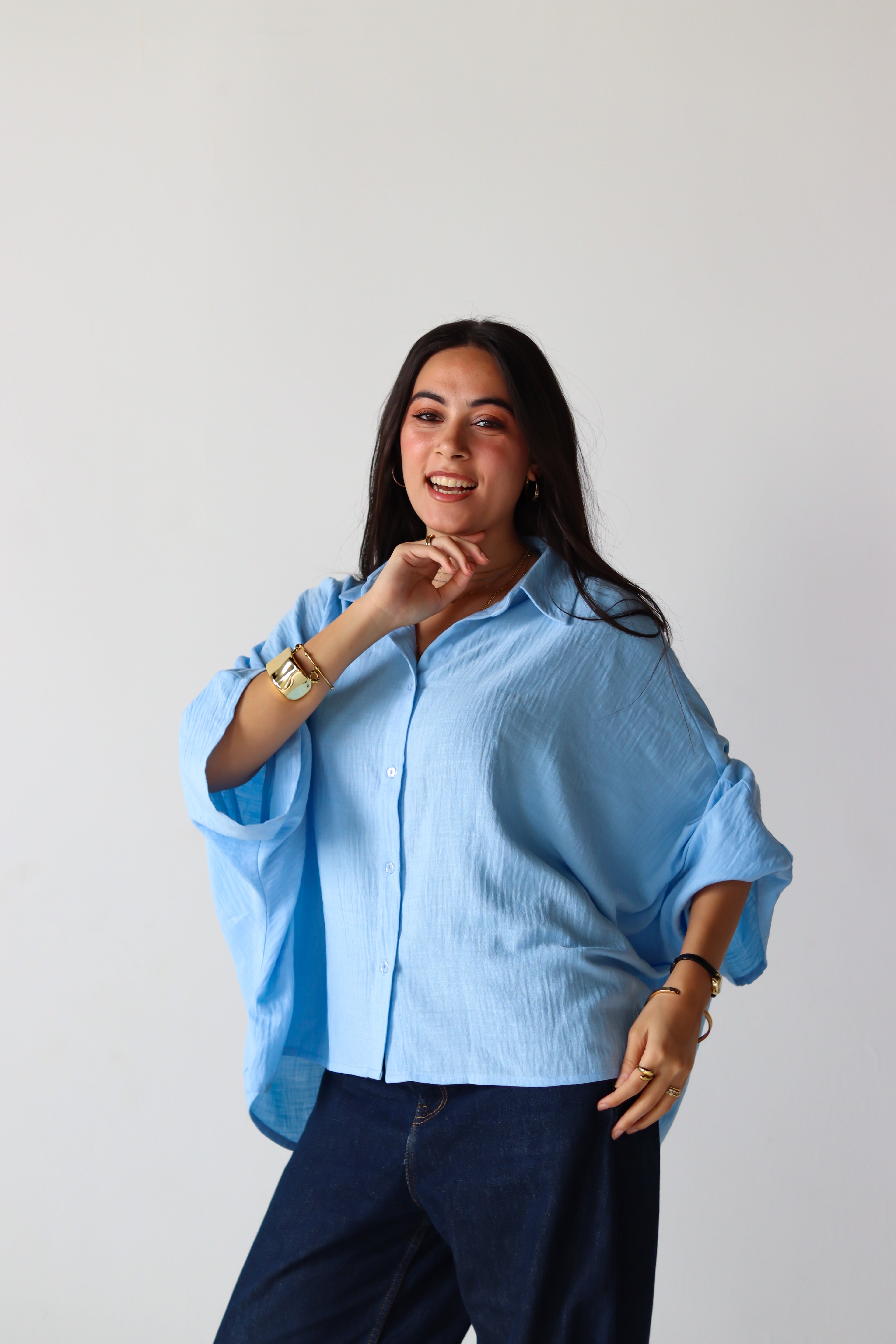 Linen Oversized Wide Sleeves Shirt in Light Blue