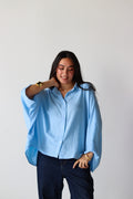 Linen Oversized Wide Sleeves Shirt in Light Blue