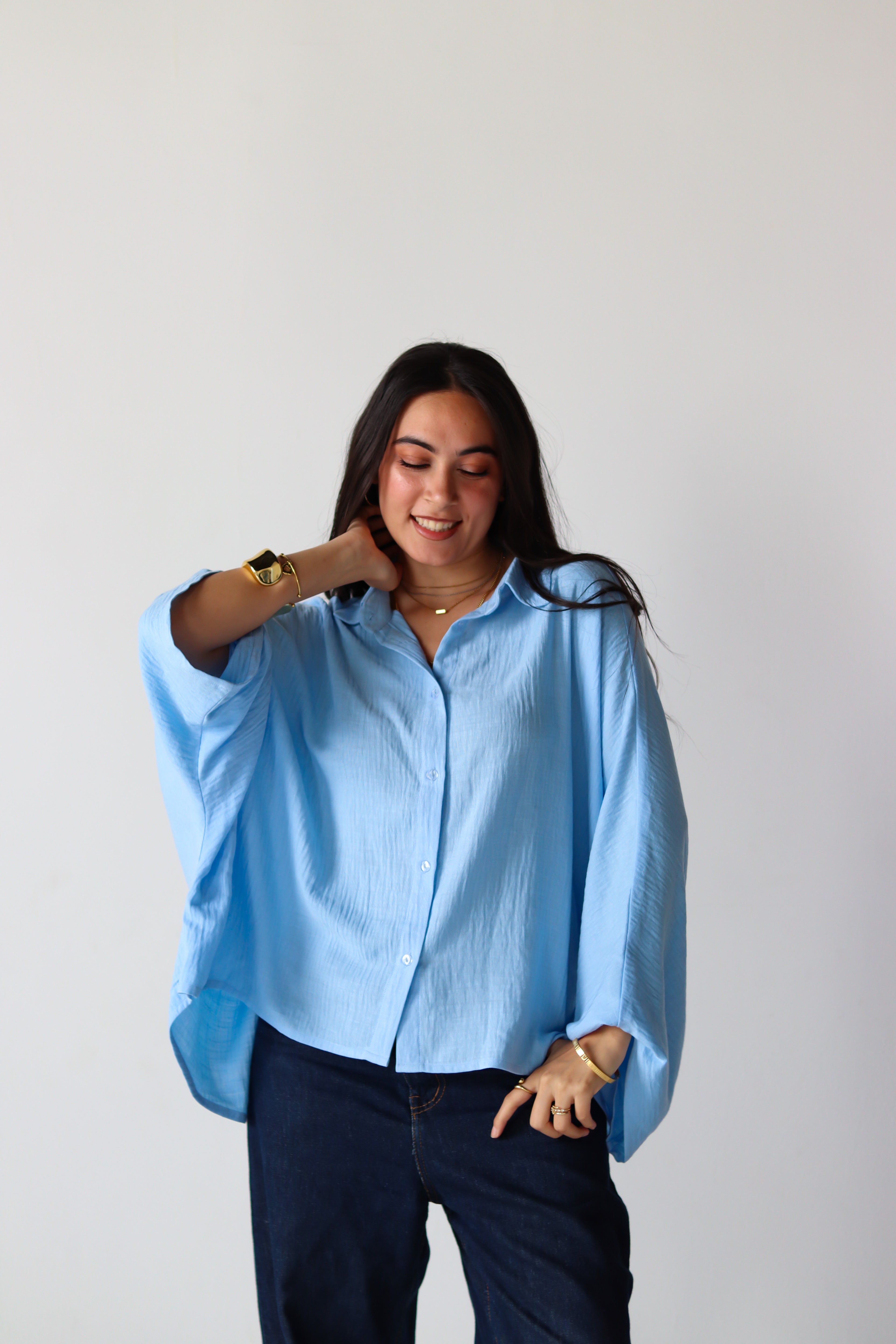 Linen Oversized Wide Sleeves Shirt in Light Blue