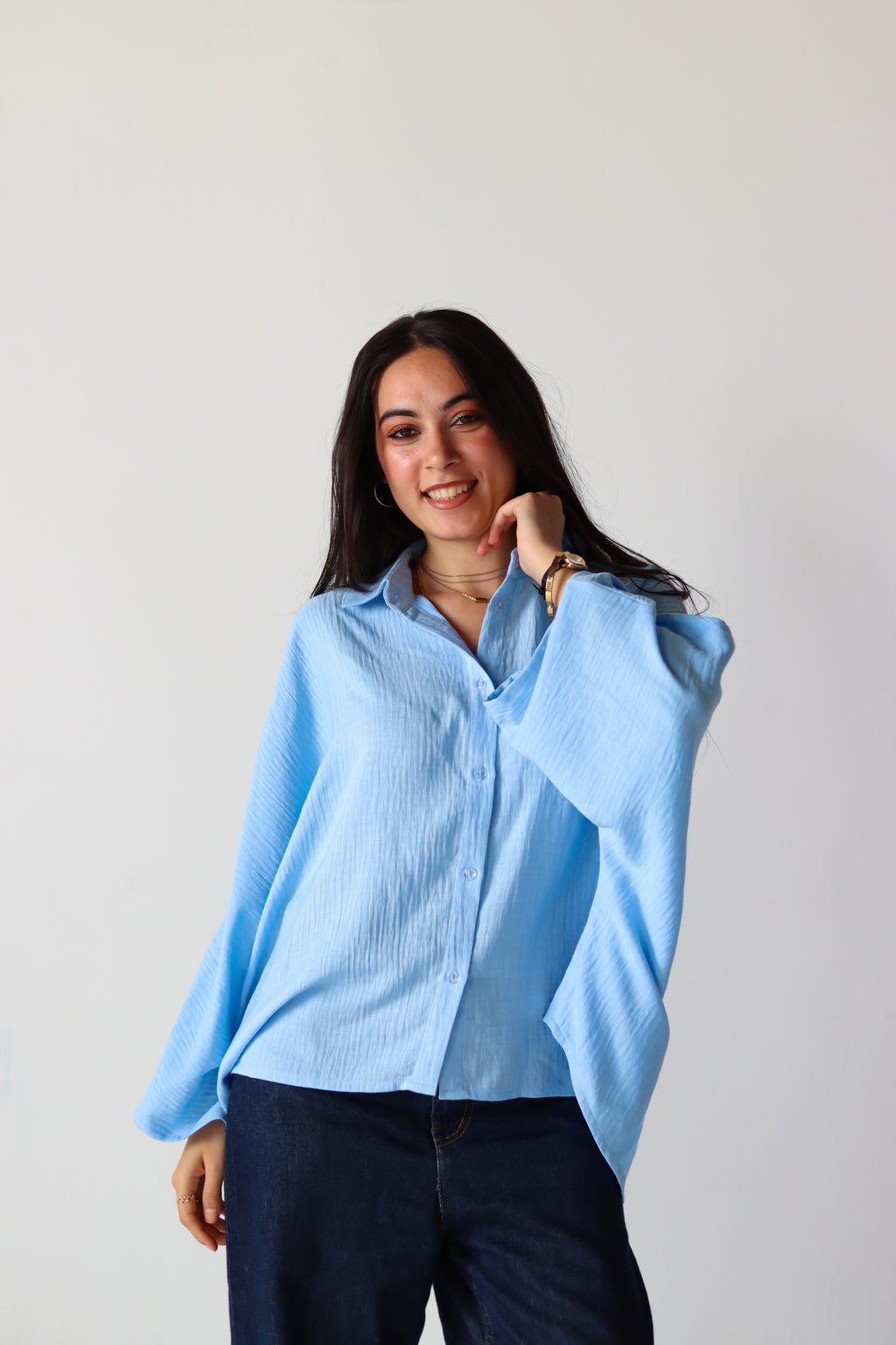 Linen Oversized Wide Sleeves Shirt in Light Blue