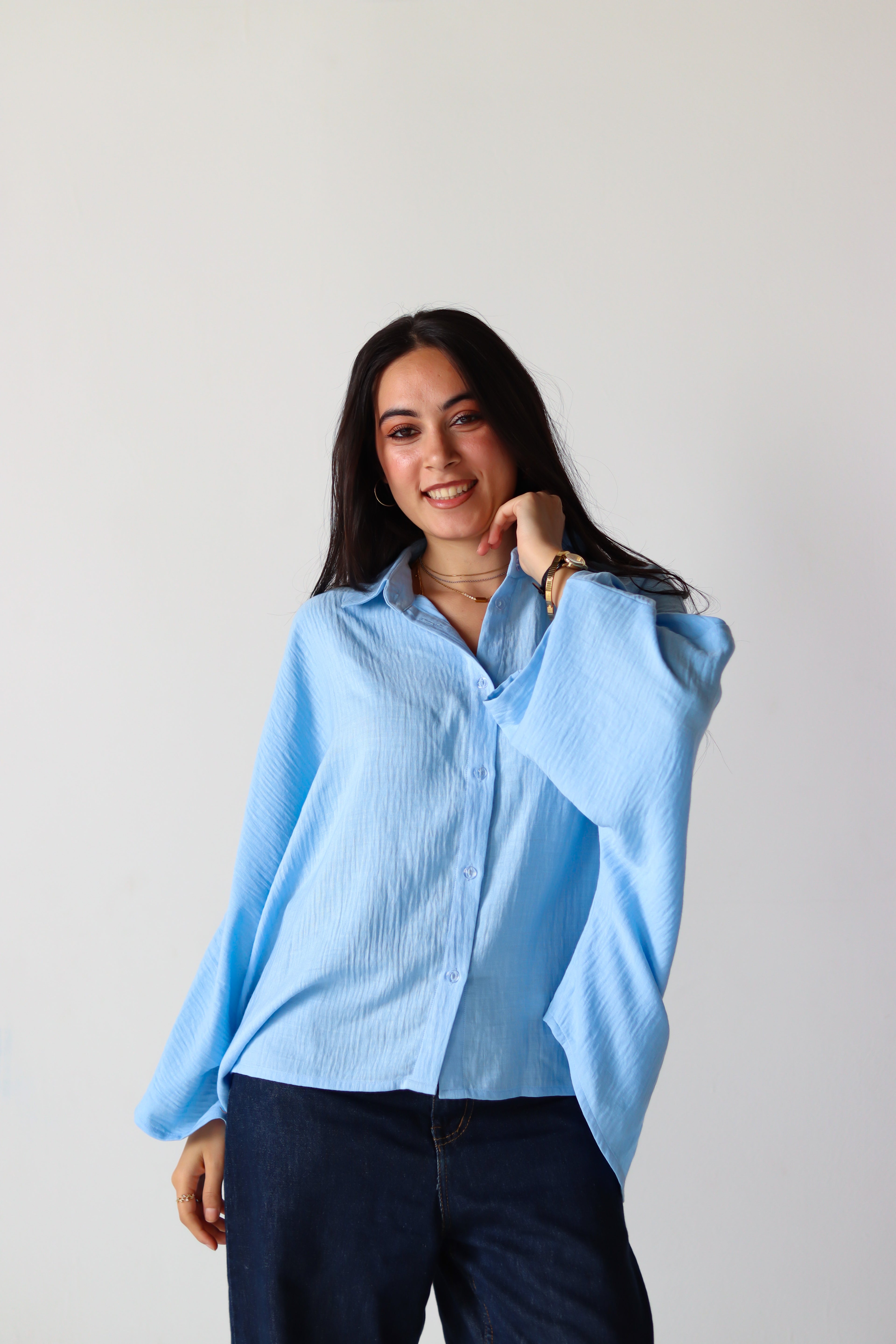 Linen Oversized Wide Sleeves Shirt in Light Blue