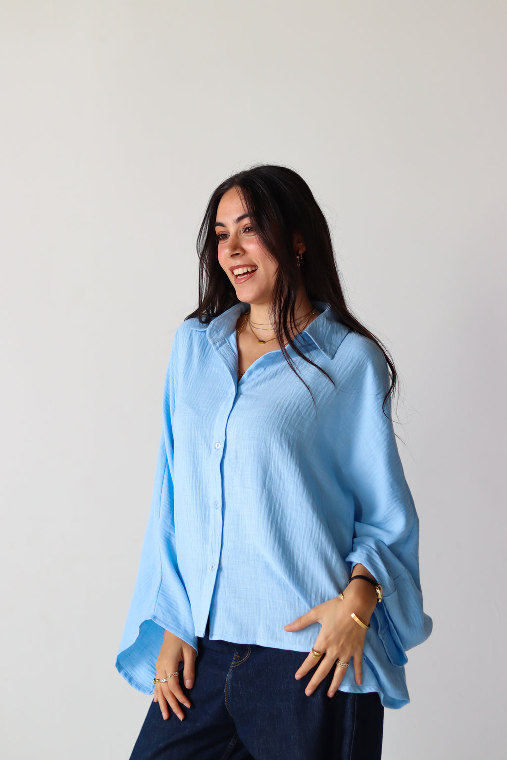 Linen Oversized Wide Sleeves Shirt in Light Blue