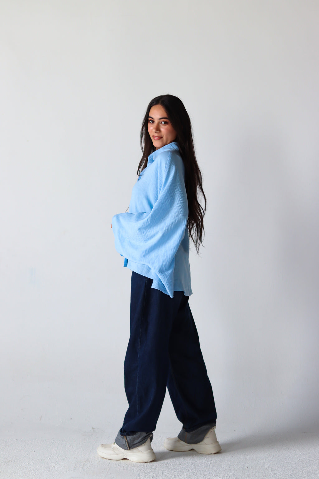 Linen Oversized Wide Sleeves Shirt in Light Blue