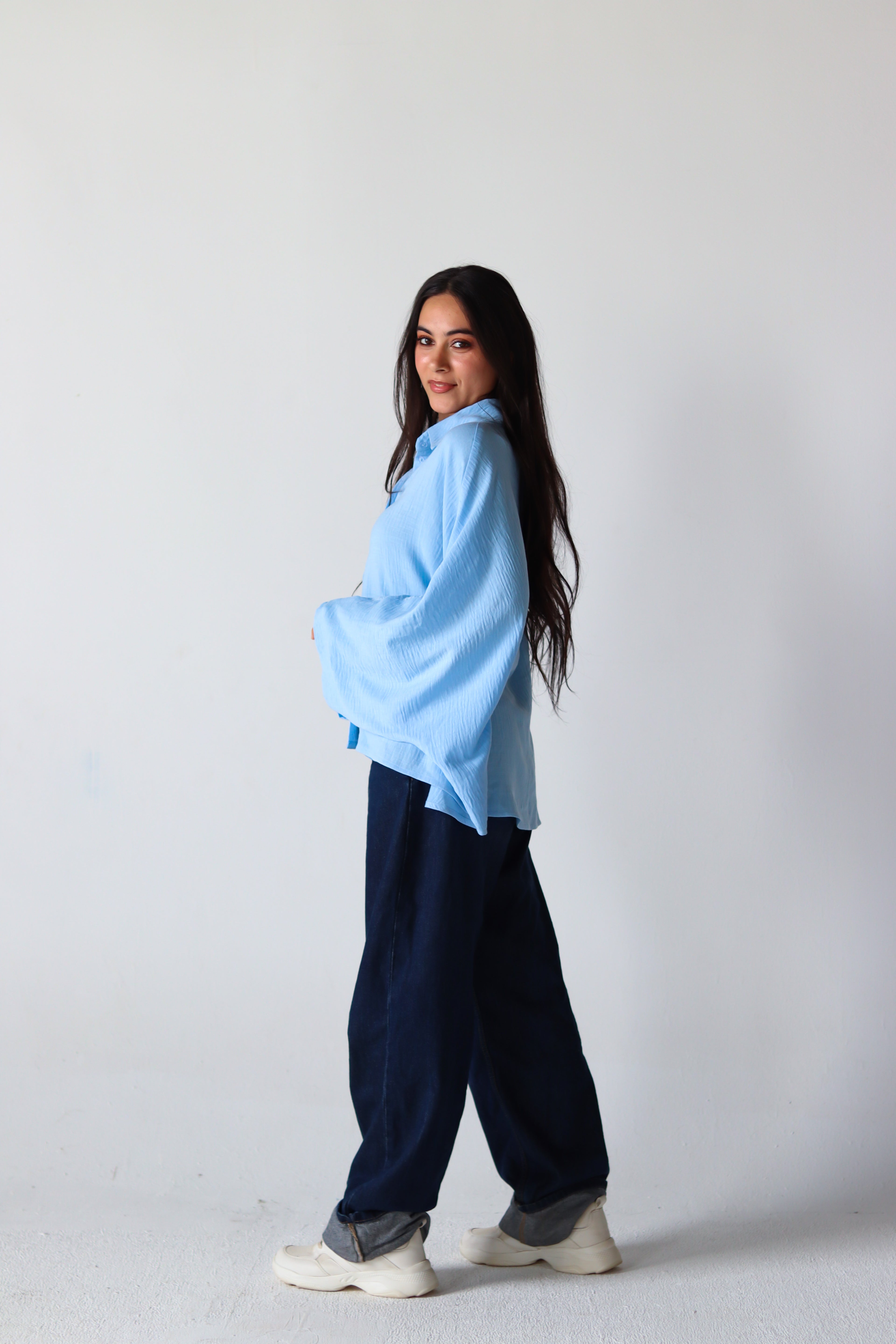 Linen Oversized Wide Sleeves Shirt in Light Blue