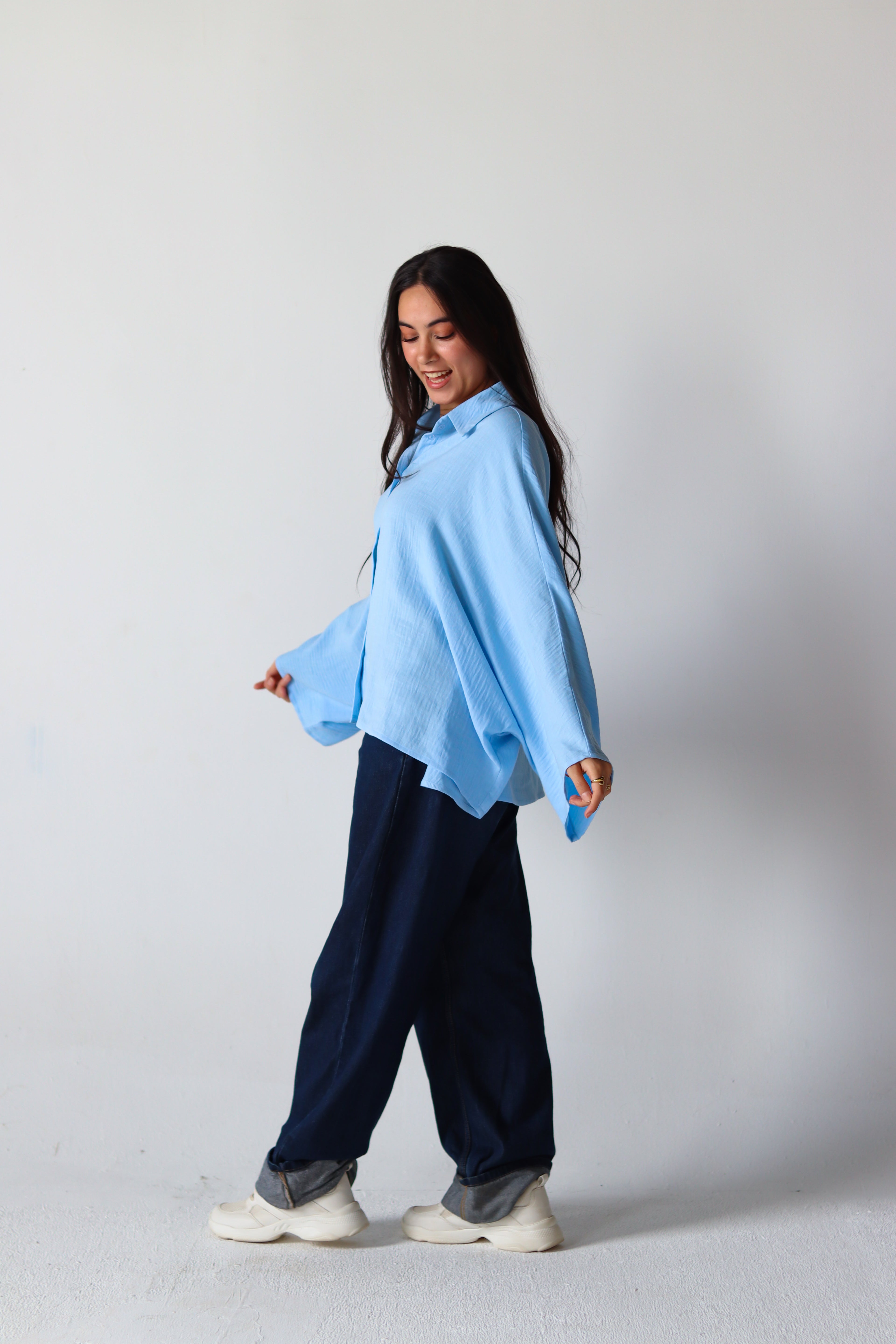 Linen Oversized Wide Sleeves Shirt in Light Blue