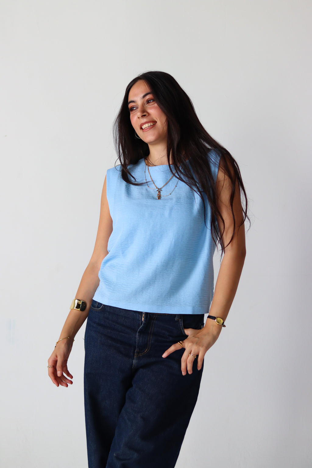 Linen Boxy Balloon Top in Light Blue