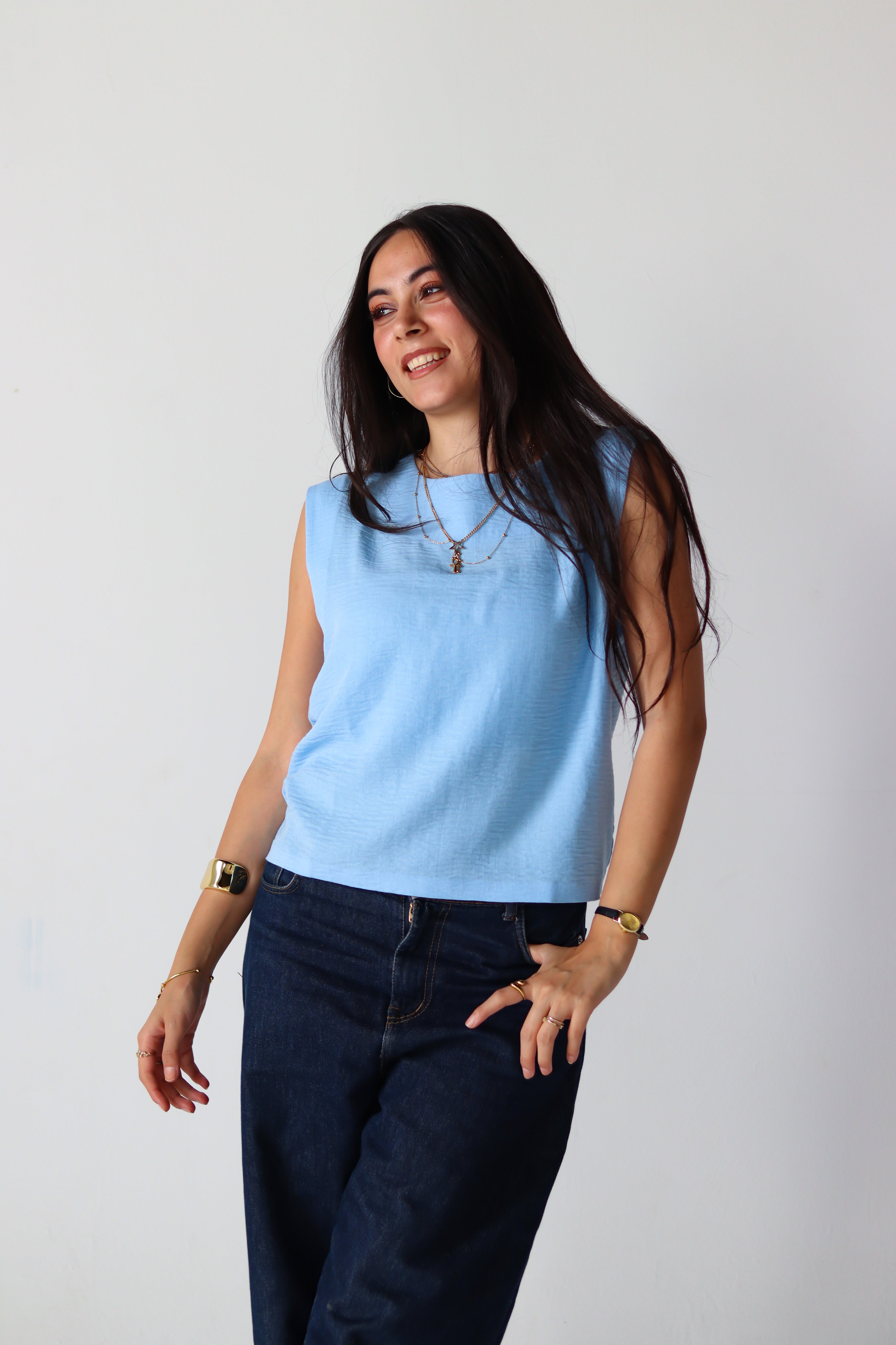 Linen Boxy Balloon Top in Light Blue