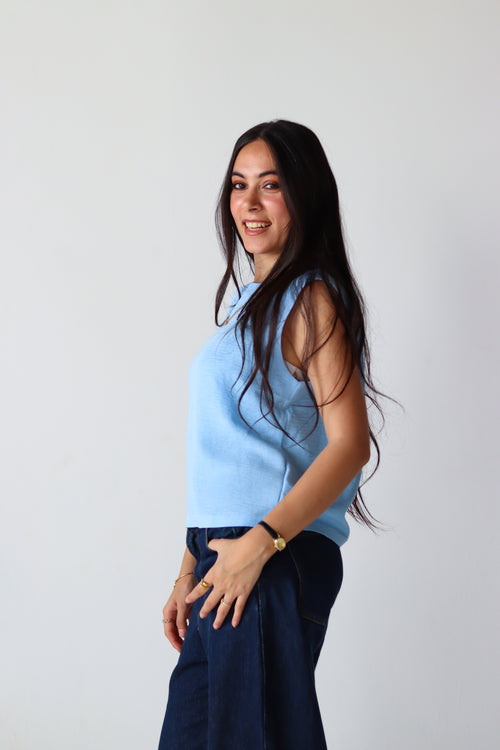 Linen Boxy Balloon Top in Light Blue