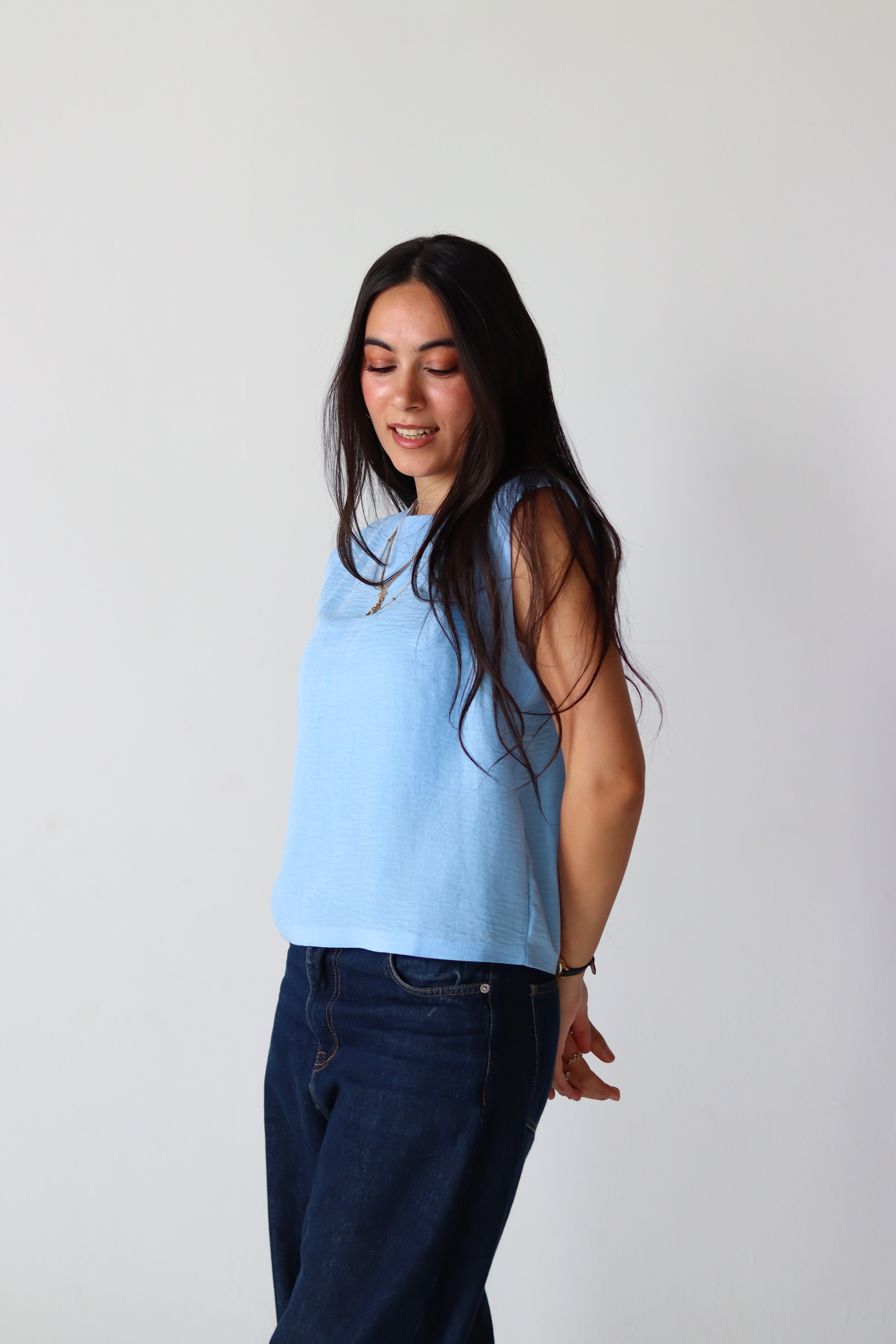 Linen Boxy Balloon Top in Light Blue