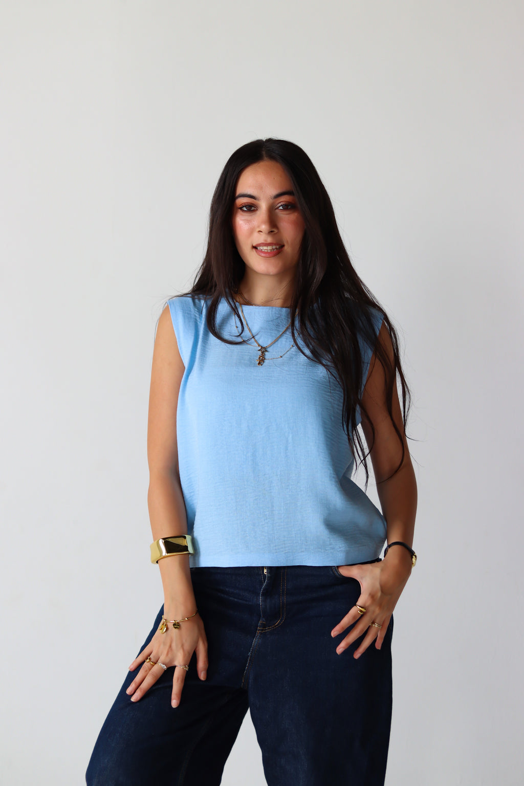 Linen Boxy Balloon Top in Light Blue