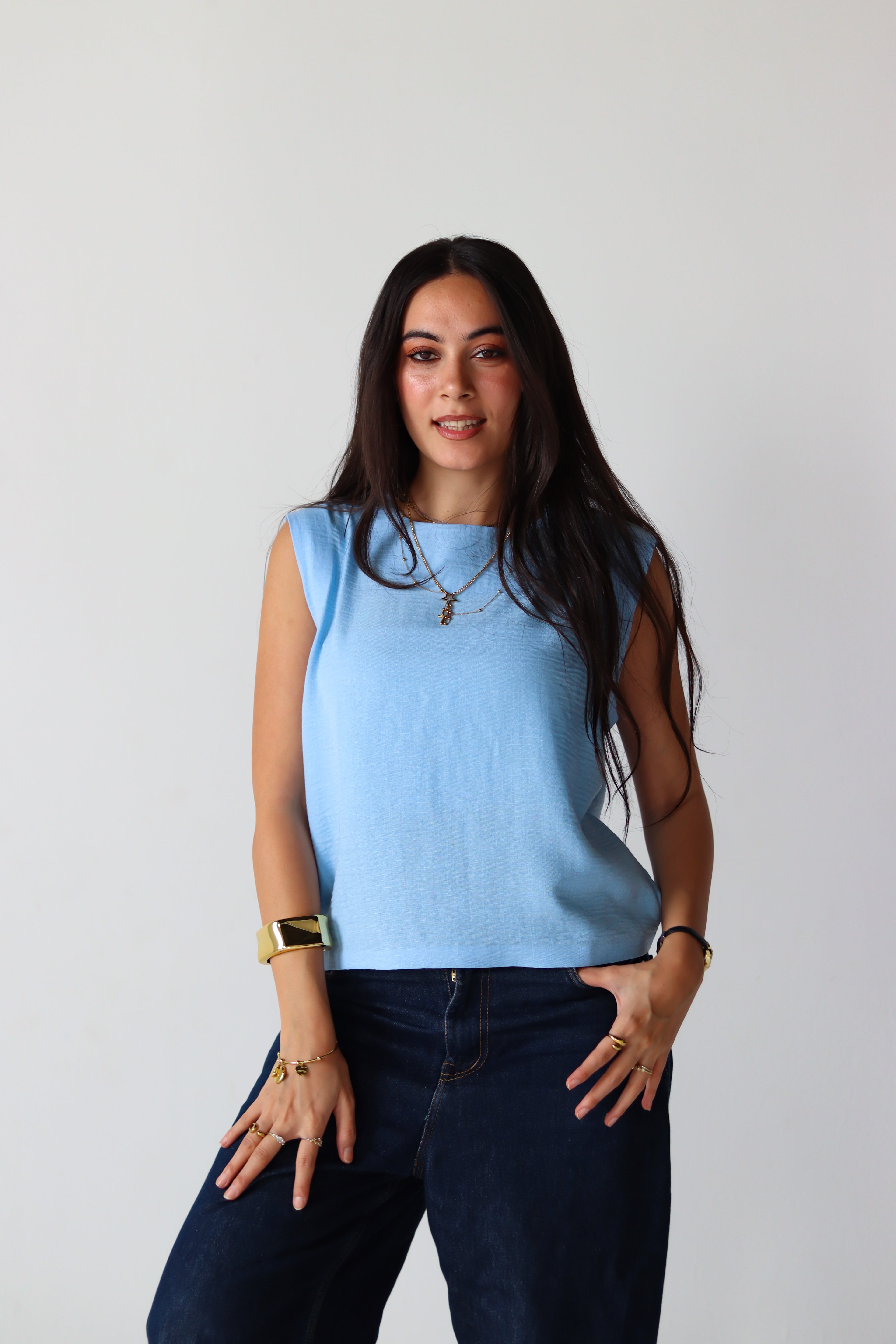 Linen Boxy Balloon Top in Light Blue